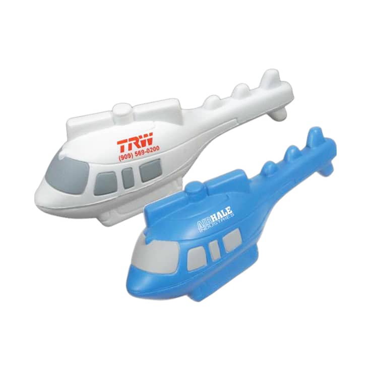 A blue and a white helicopter-shaped stress reliever with branding on each. Ideal for stress relief and fun. Helicopter Shape Stress Reliever - Image 1