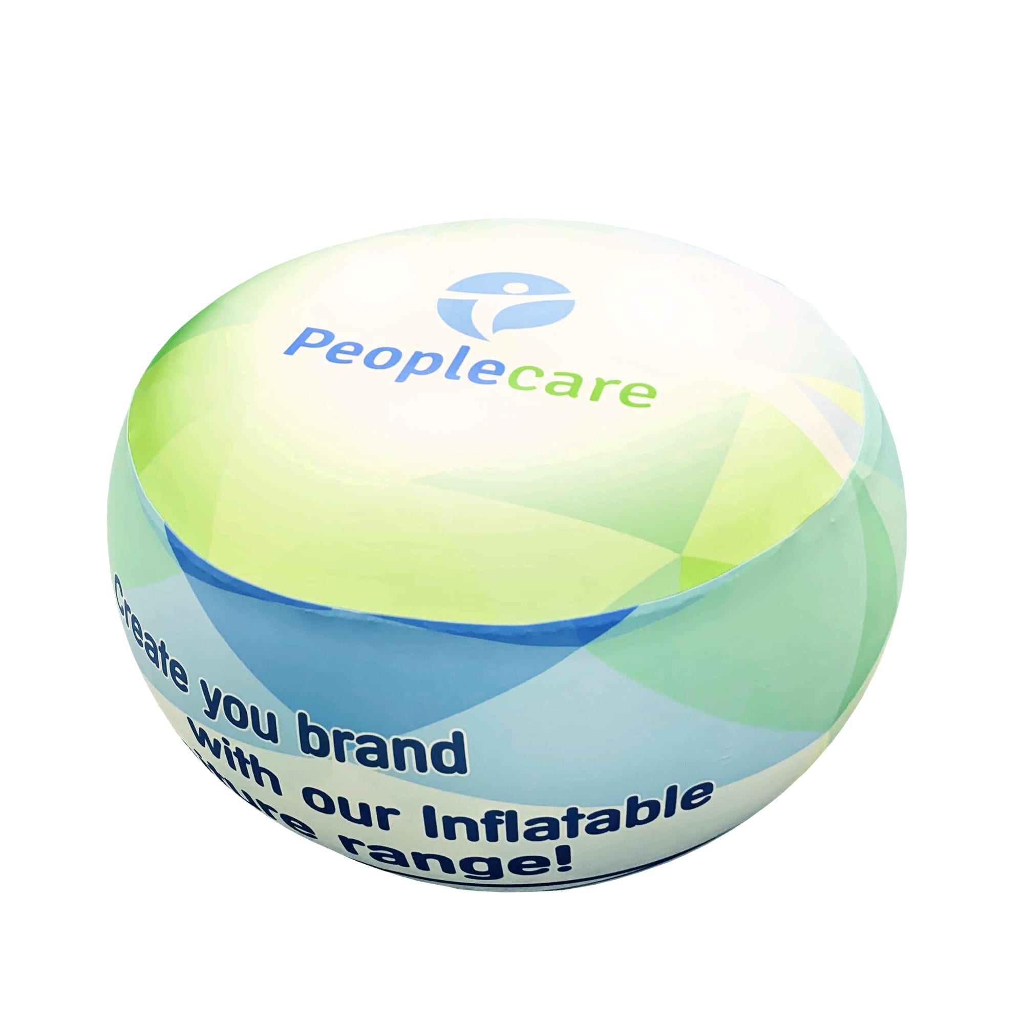 An inflatable ottoman in blue and green, featuring a logo and text on its surface. Inflatable Ottoman - Image 1