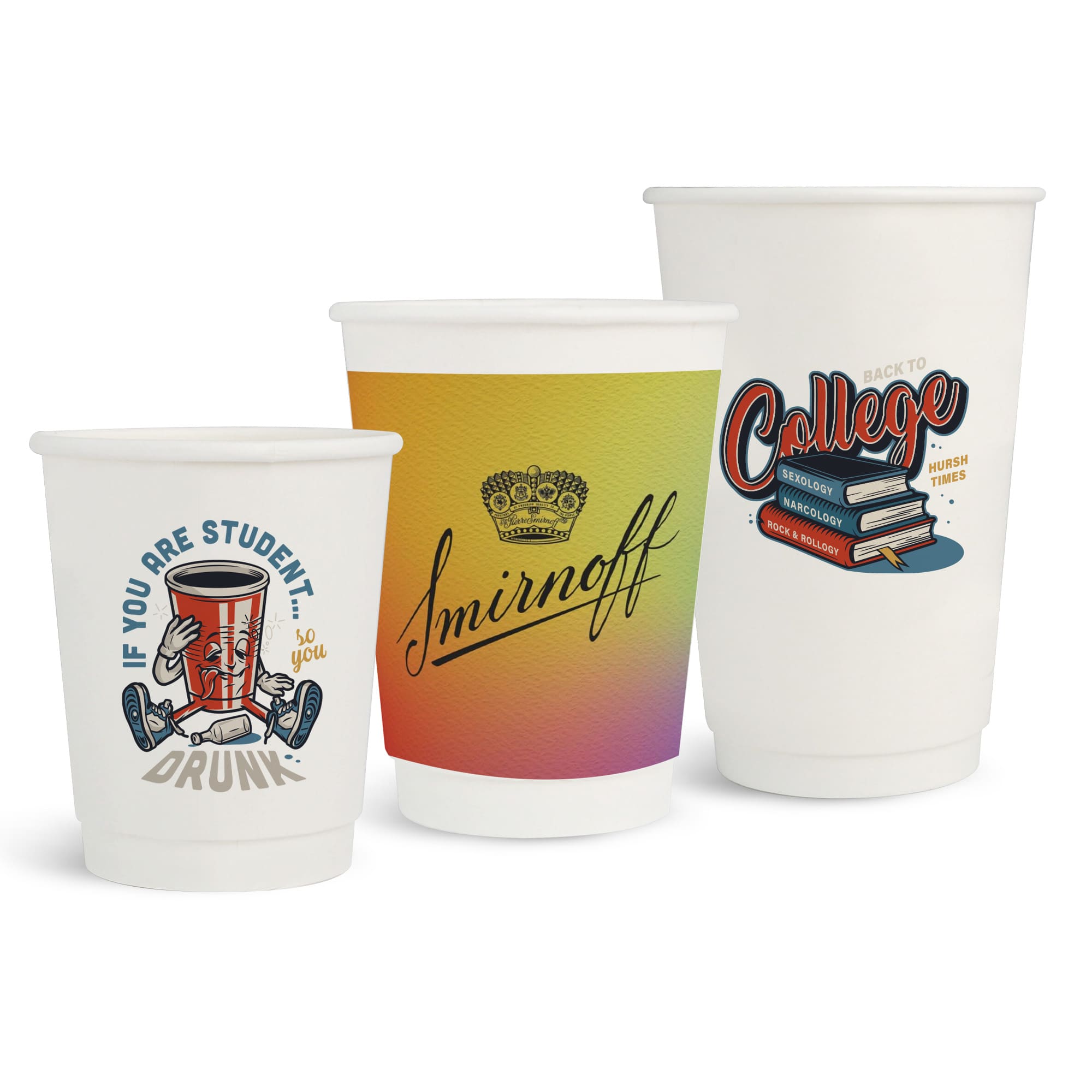Three PLA double wall compostable paper cups in white featuring colourful designs and logos, with varying sizes and shapes. PLA Double Wall Compostable Paper Cups - Image 1