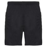 Black goalkeeper shorts with an elastic waistband and pockets, featuring a logo. Ideal for sports uniforms.