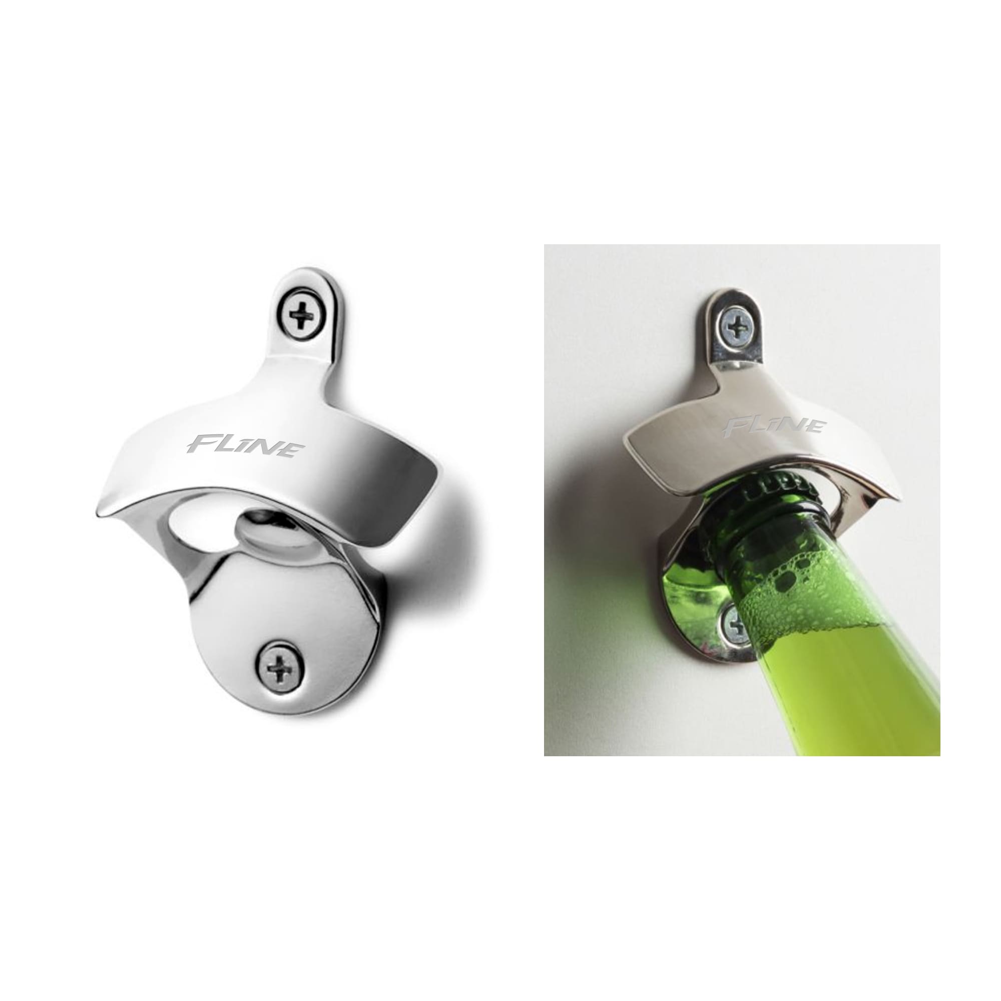 A drink bottle opener in silver with a sleek design, featuring a logo and mounted on a wall. Wall Mount Bottle Opener - Image 1
