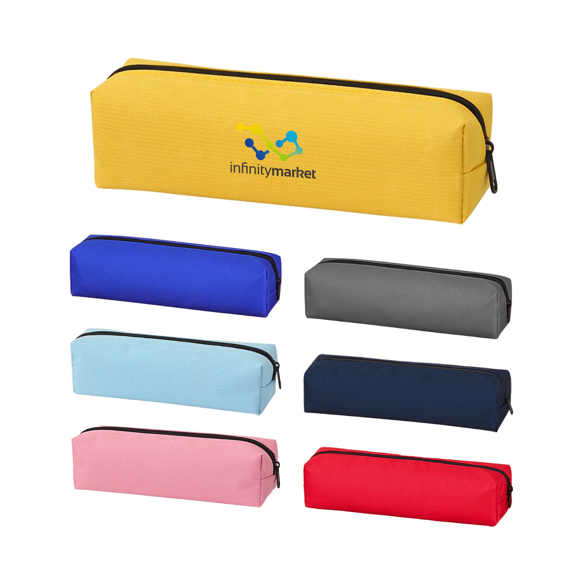 A selection of coloured pencil cases in yellow, blue, grey, light blue, navy, and pink, featuring a logo. Coloured Pencil Case - Image 1