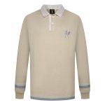 A beige sports jumper with a white collar and blue stripes on the sleeves, featuring a small logo on the chest.