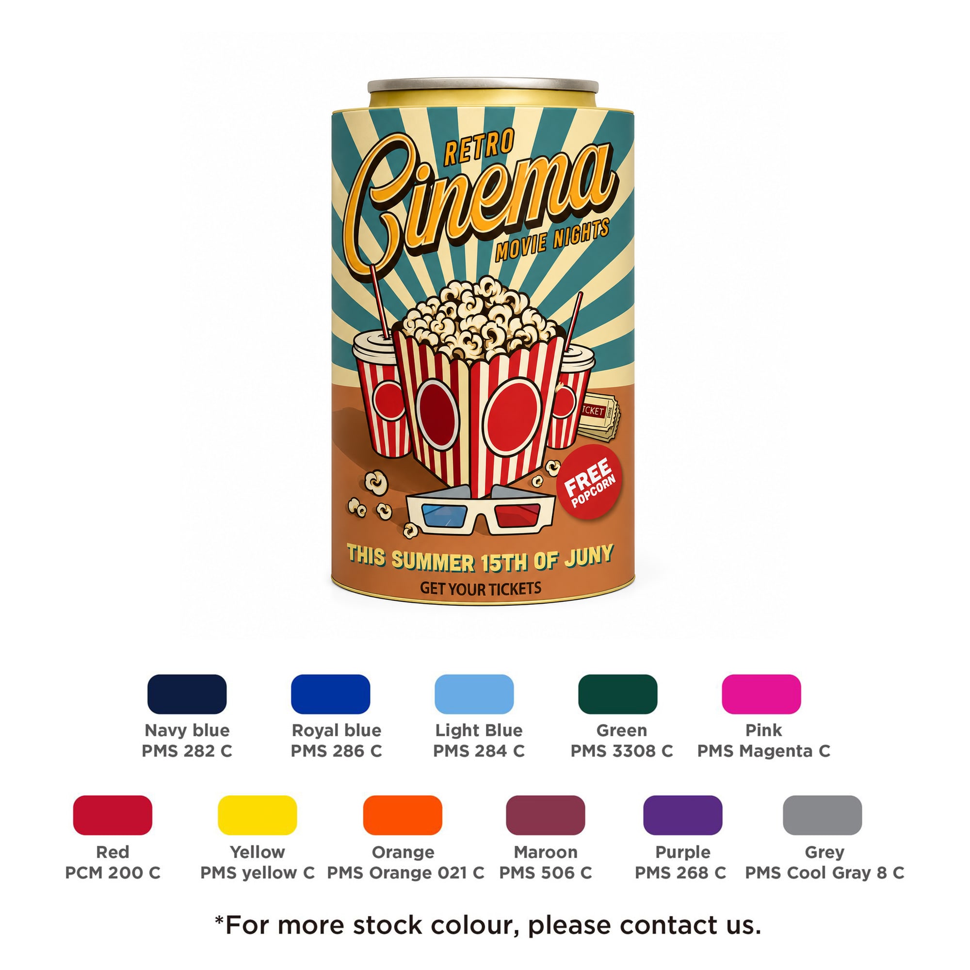 A drink bottle stubby holder featuring a retro cinema design with popcorn and striped cups in various colours. Fishing Reel Stubby Holder - Image 1