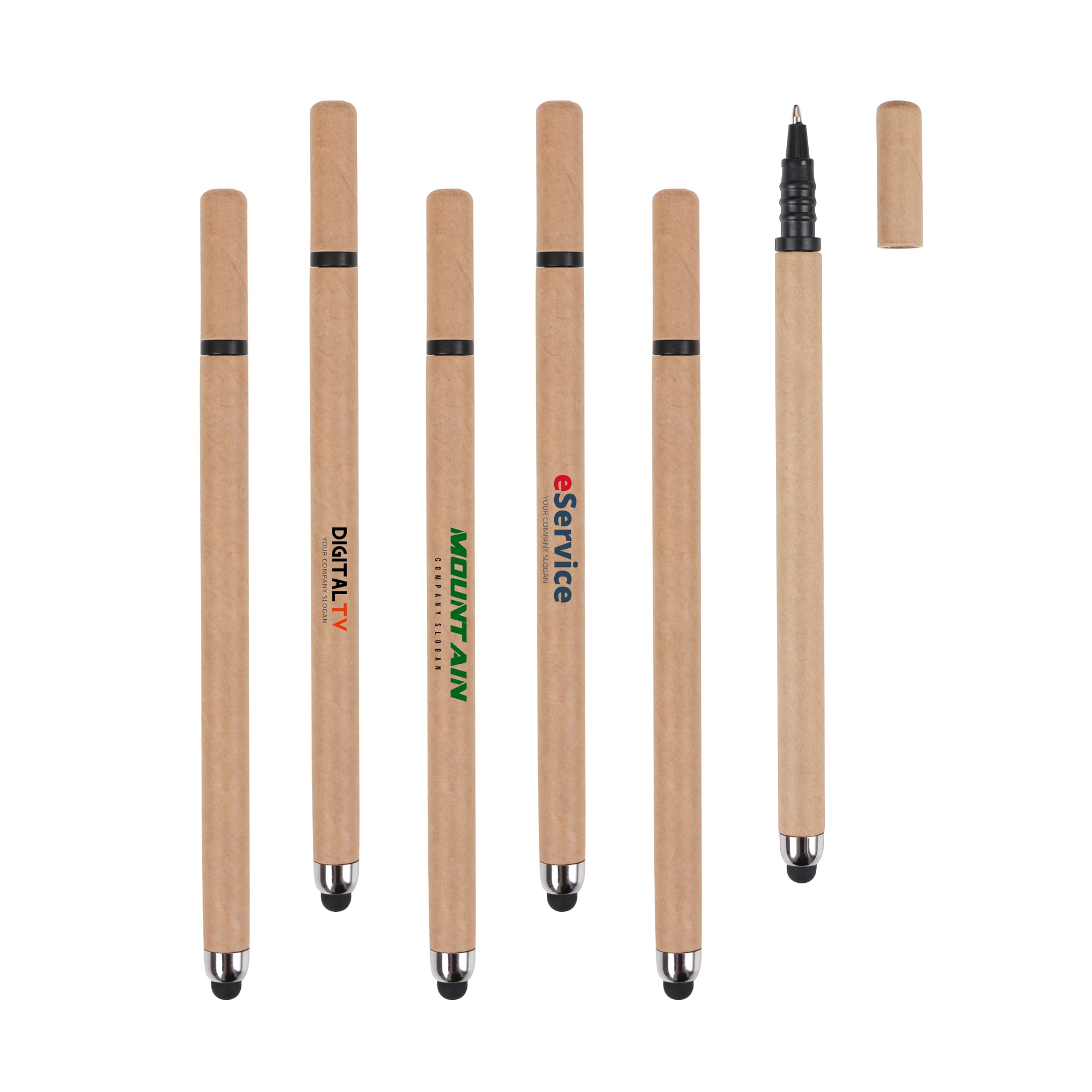 A collection of six wooden stylus pens, featuring both touch tips and traditional pen tips, with various branding. Flip Paper Pen with Touch Head - Image 1