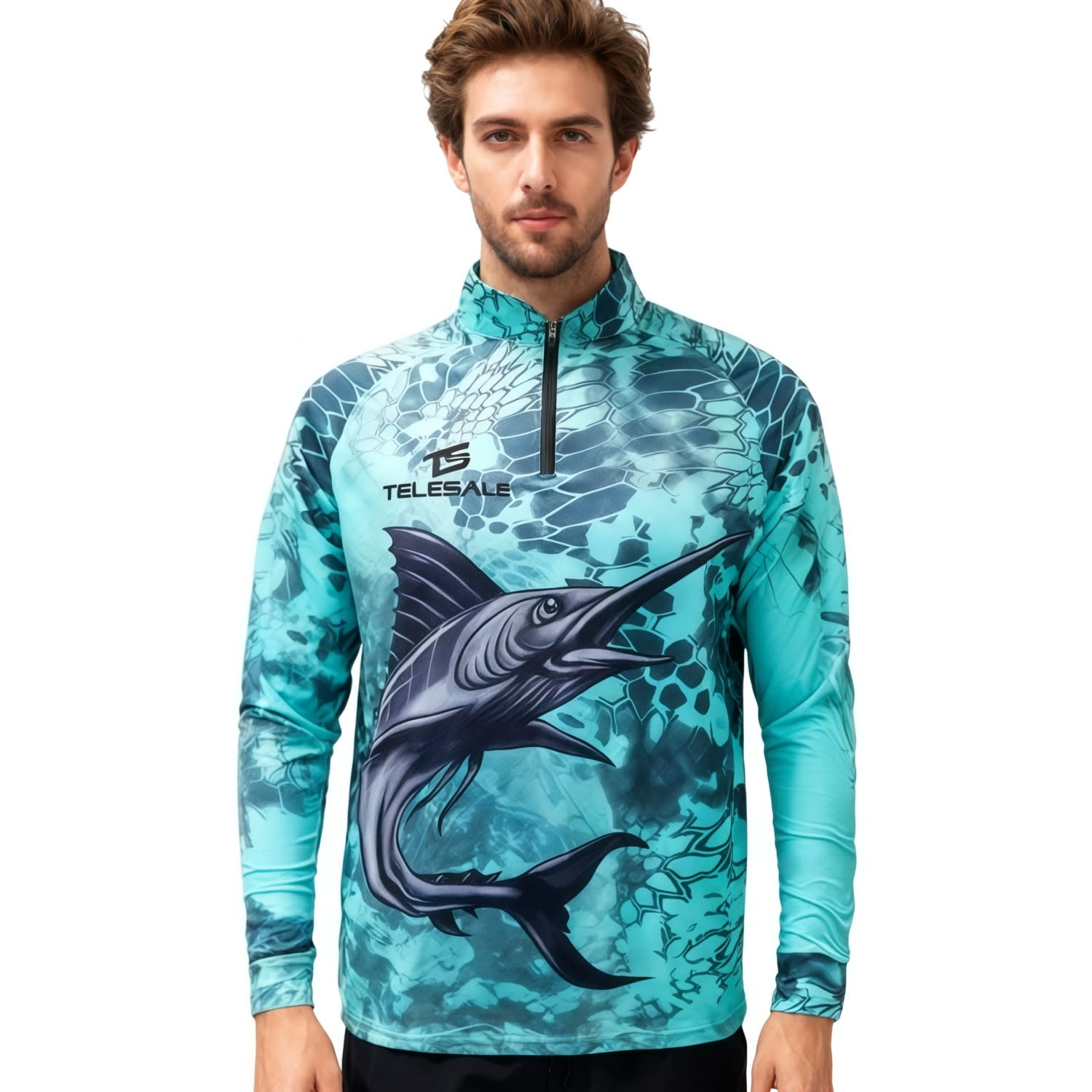 A men's quarter-zip fishing pullover in blue and teal, featuring a fish graphic and a logo. Men's Polyester Spandex Sublimated 1/4 Zip Fishing Pullover - Image 1