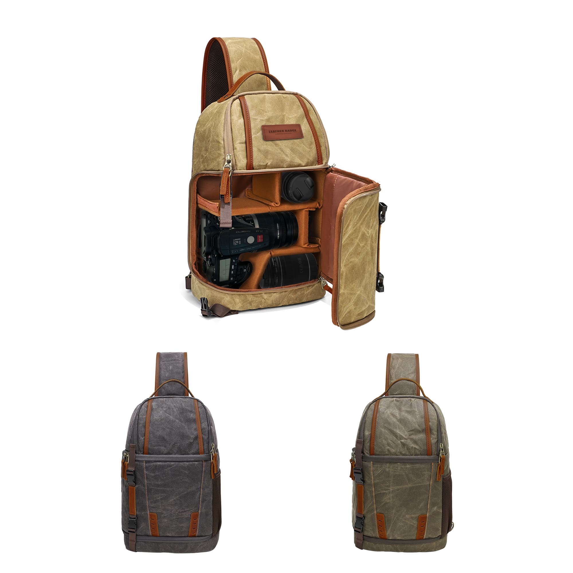 A waxed canvas camera sling bag in sand and grey, featuring padded compartments for camera equipment and a logo. Waxed Canvas Camera Sling Bag - Image 1