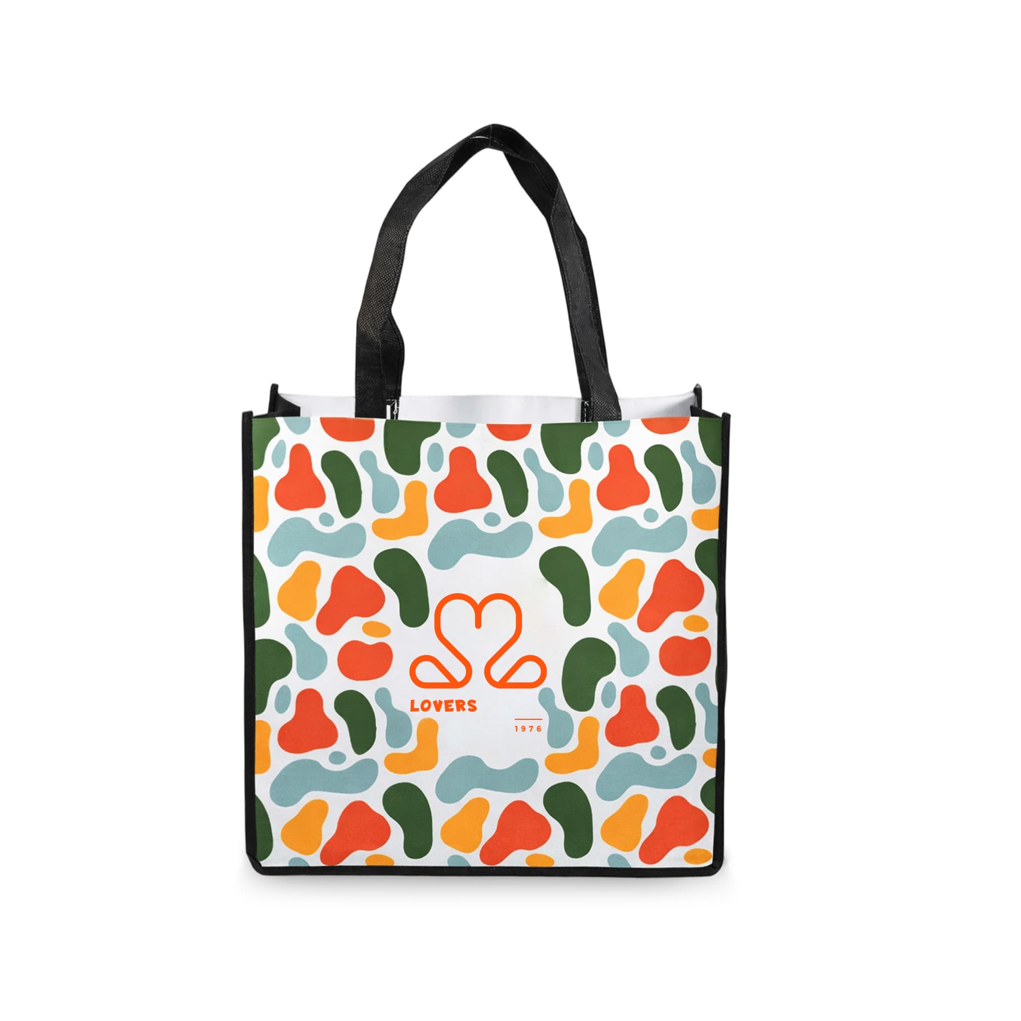 A vibrant tote bag with an abstract pattern of green, orange, red, and light blue shapes. It features a logo. Vibrant Sublimation Tote Bag - Image 1