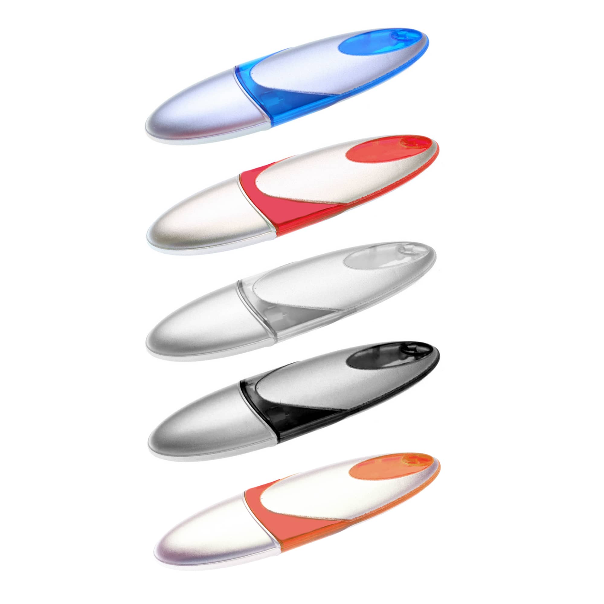 A collection of five Neptune Flash Drives in blue, red, clear, silver, and black, featuring a logo on each. Neptune Flash Drive - Image 1