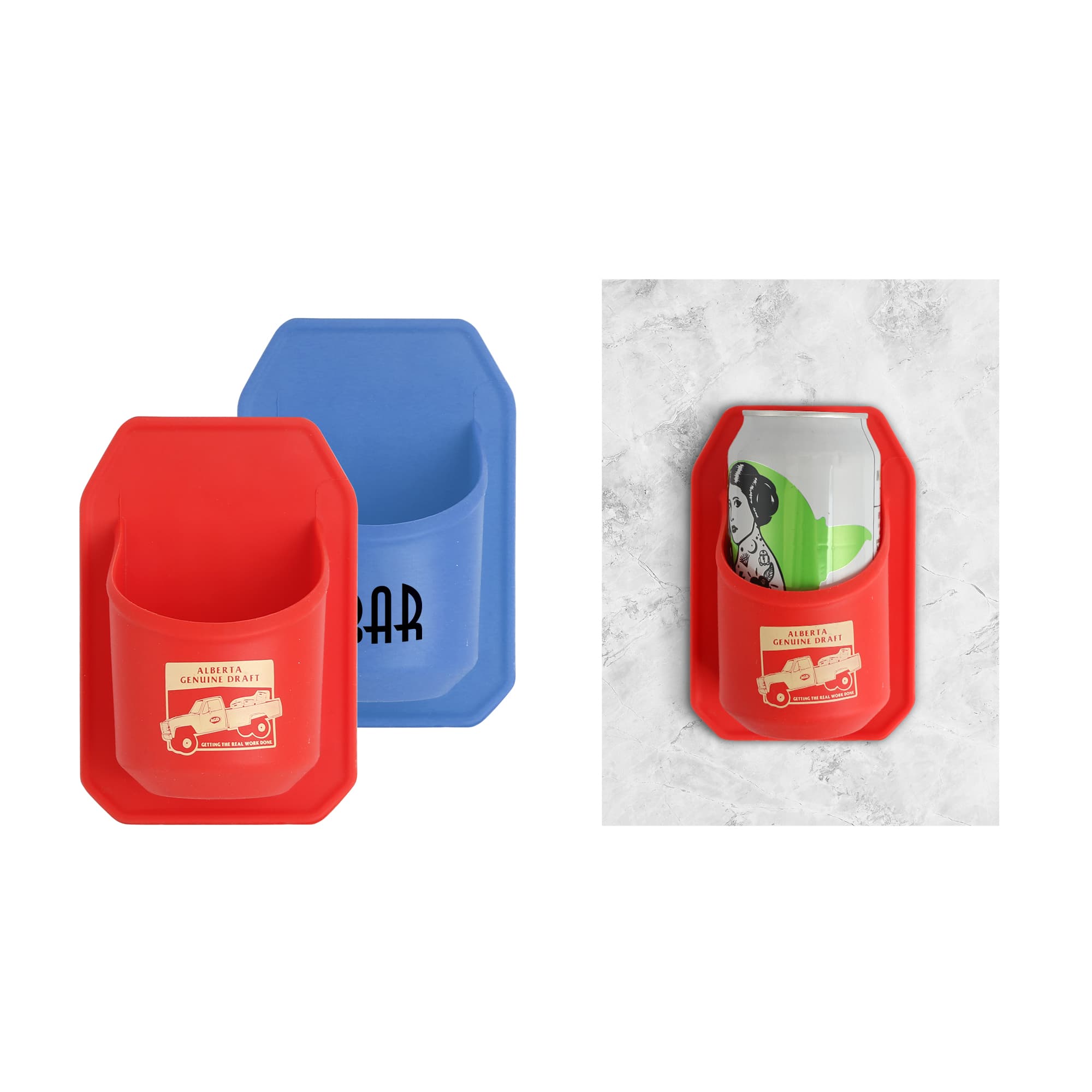 A blue and a red stubby holder designed to fit drink cans, featuring rounded shapes and a pocket for the can. Shower Stubby Holder - Image 1