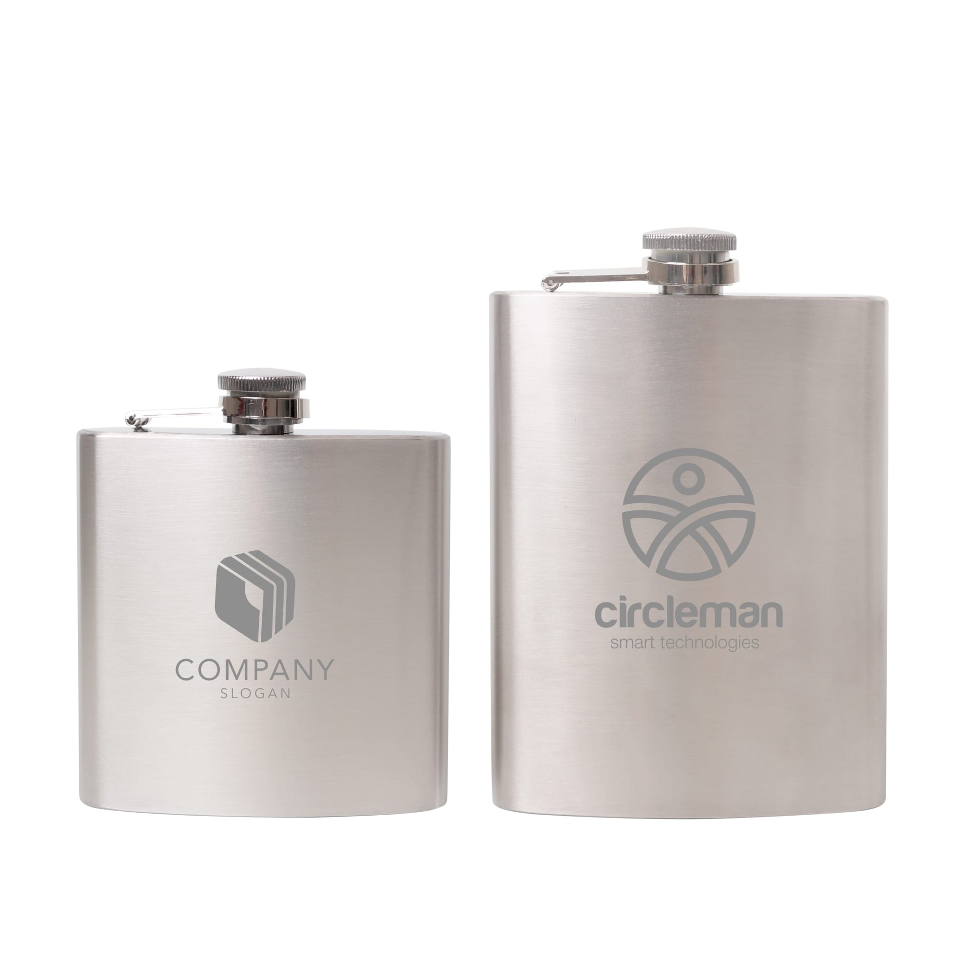 A stainless steel hip flask set in silver, featuring two sizes and distinct branding on each flask. Stainless Steel Hip Flask - Image 1