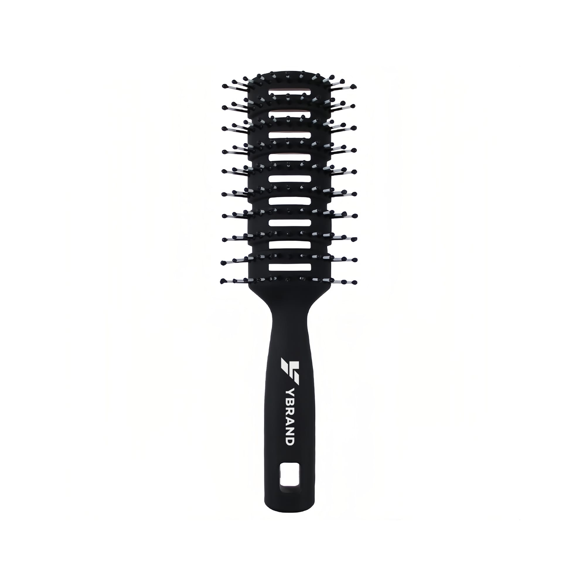 A black hair brush with a vented design and plastic bristles, featuring a logo on the handle. Static Vent Hair Brush - Image 1
