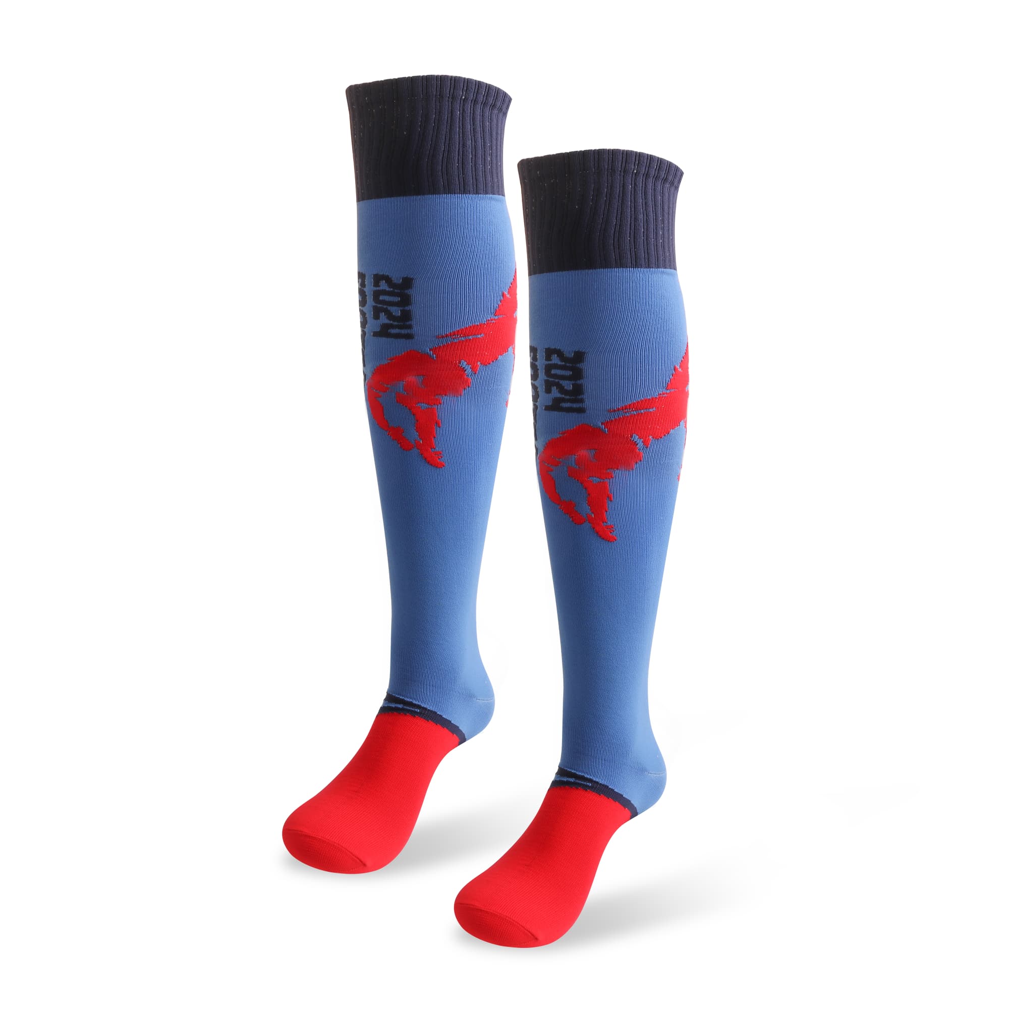 Knee high football socks featuring a blue body, red accents, and a navy cuff. Includes a logo. Knee High Custom Pattern Football Socks - Image 1