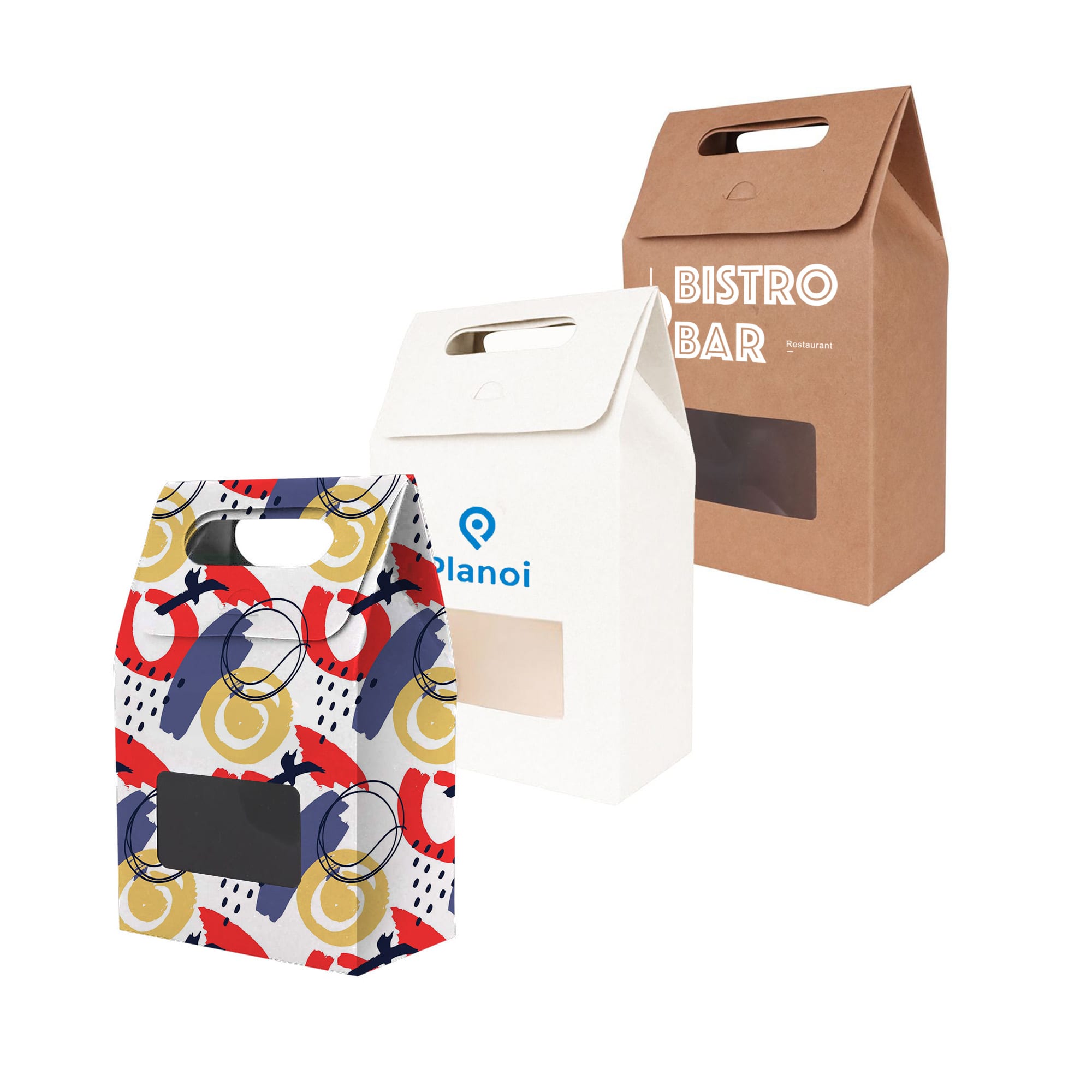 Three die-cut handle bags: a colourful patterned bag, a white bag with a window, and a brown kraft bag, all with handles. Die cut Handle Bag with Window(100x160x60mm) - Image 1