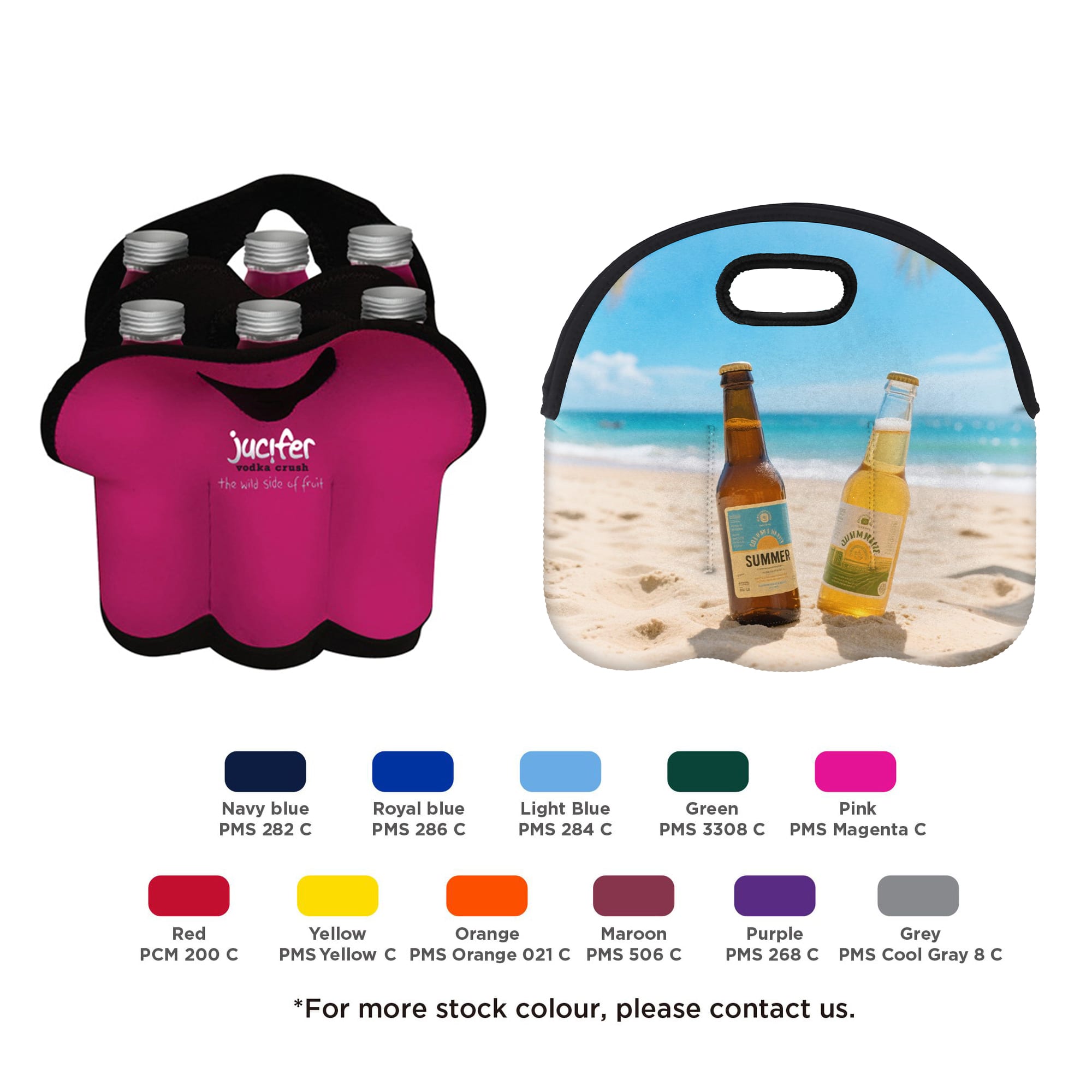 A pink six-bottle cooler with a handle, featuring a design of two drink bottles on a beach setting. 6 Bottle Cooler - Image 1