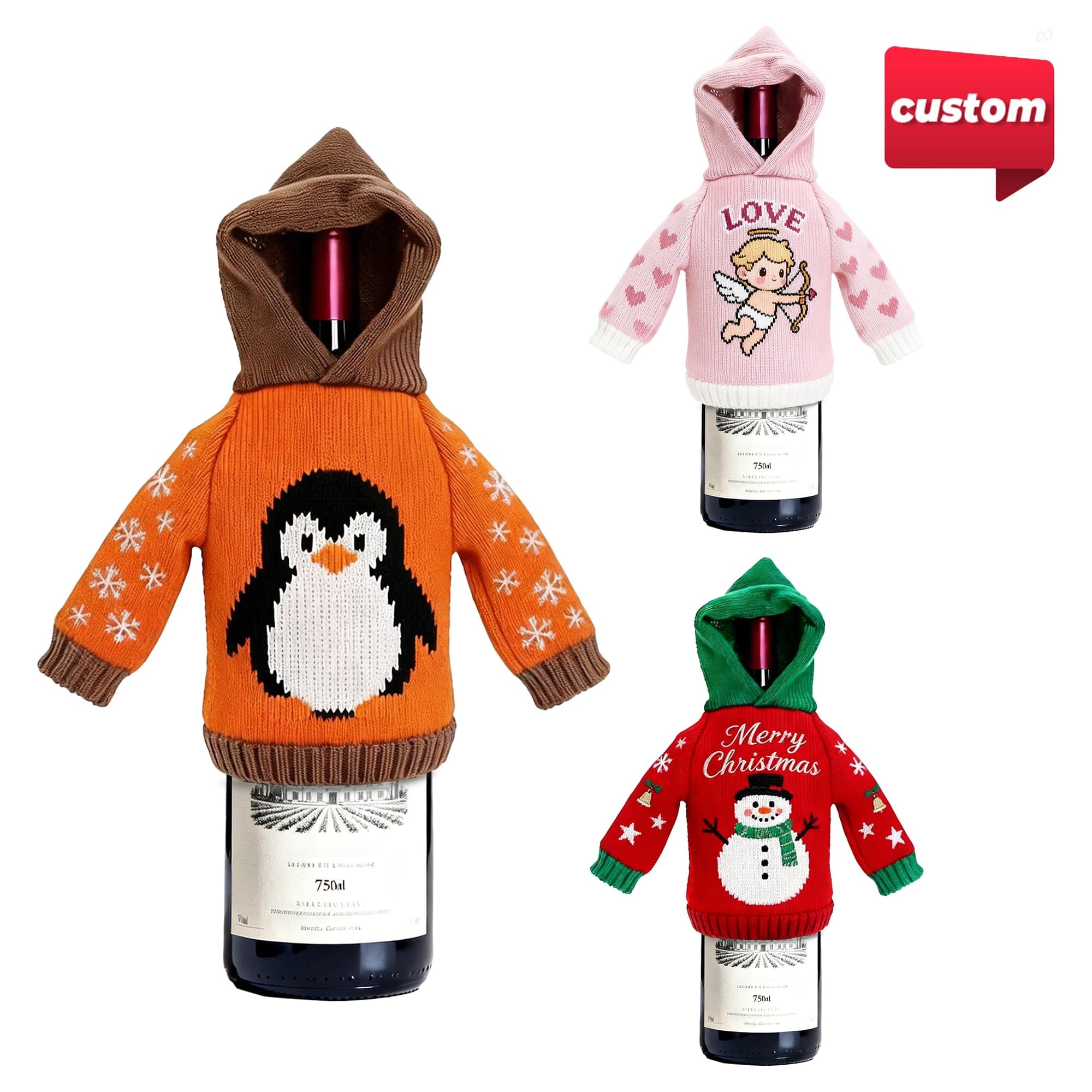 A drink bottle cover in orange with a penguin design, pink with "Love," and red with a snowman and "Merry Christmas." Customisable Knitted Wine Bottle Cover - Image 1