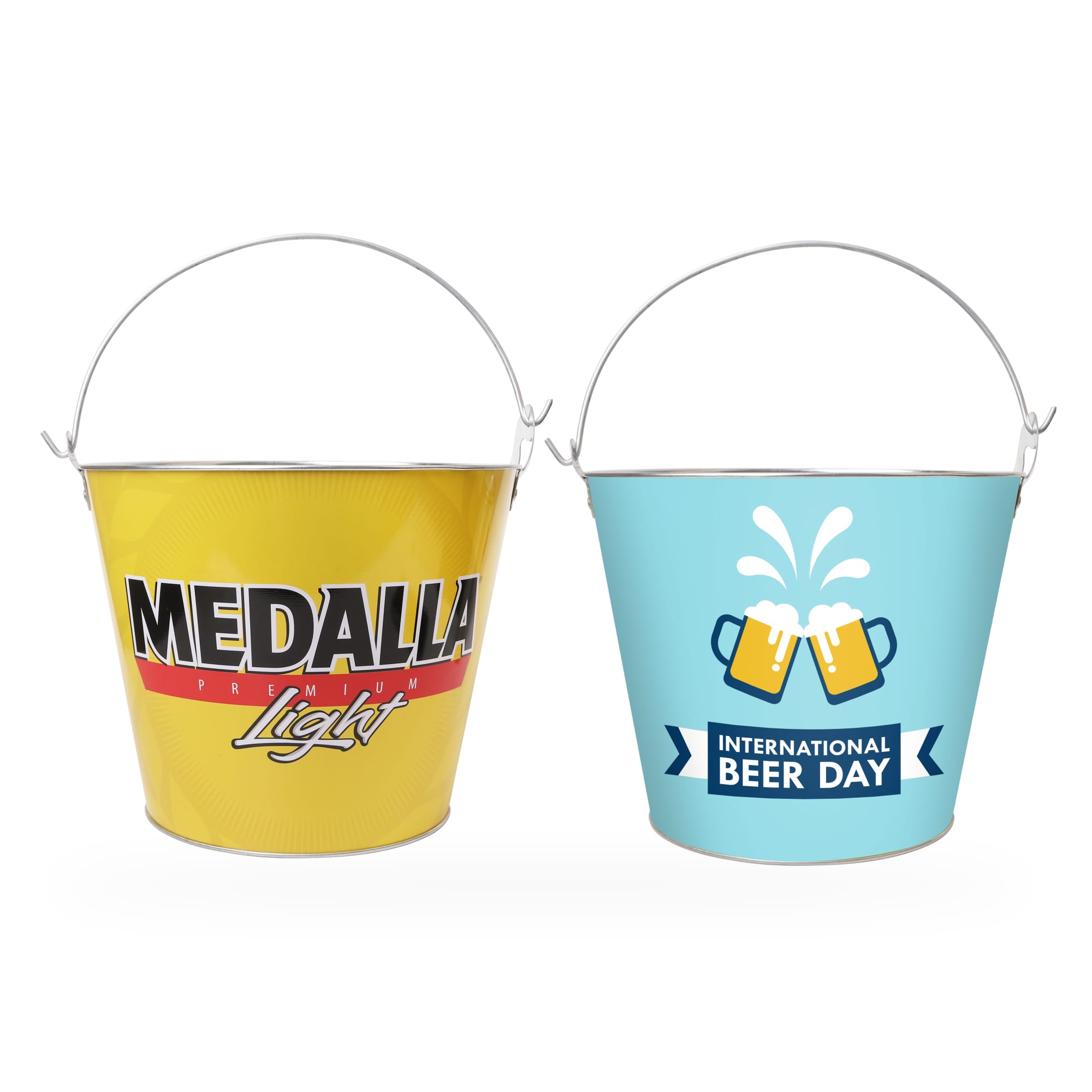 A yellow ice bucket with branding and a blue ice bucket featuring a beer day design, both with metal handles. Beer Bucket - Image 1