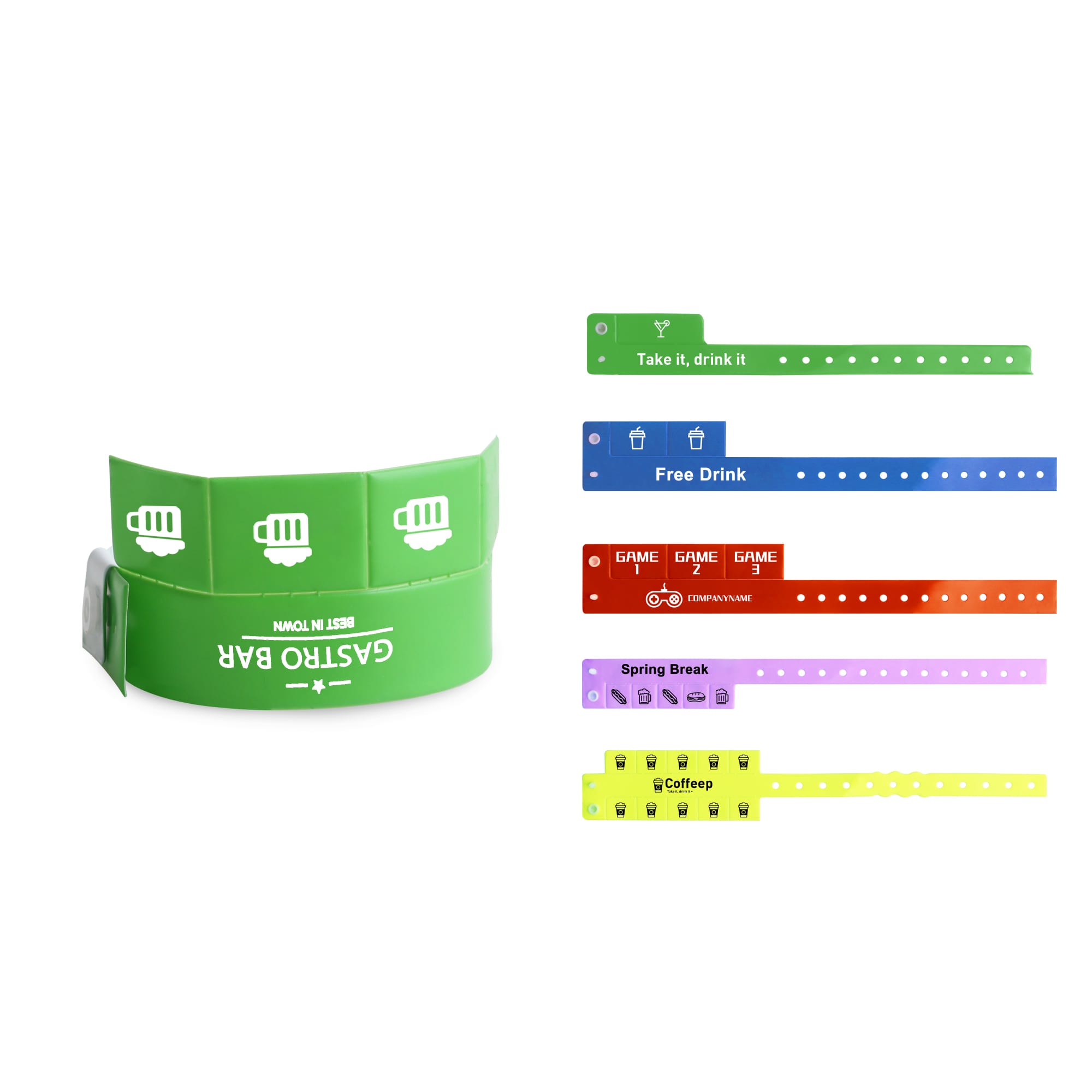 A selection of tabbed disposable PVC wristbands in various colours including green, blue, red, purple, and yellow. Tabbed Disposable PVC Wristband - Image 1