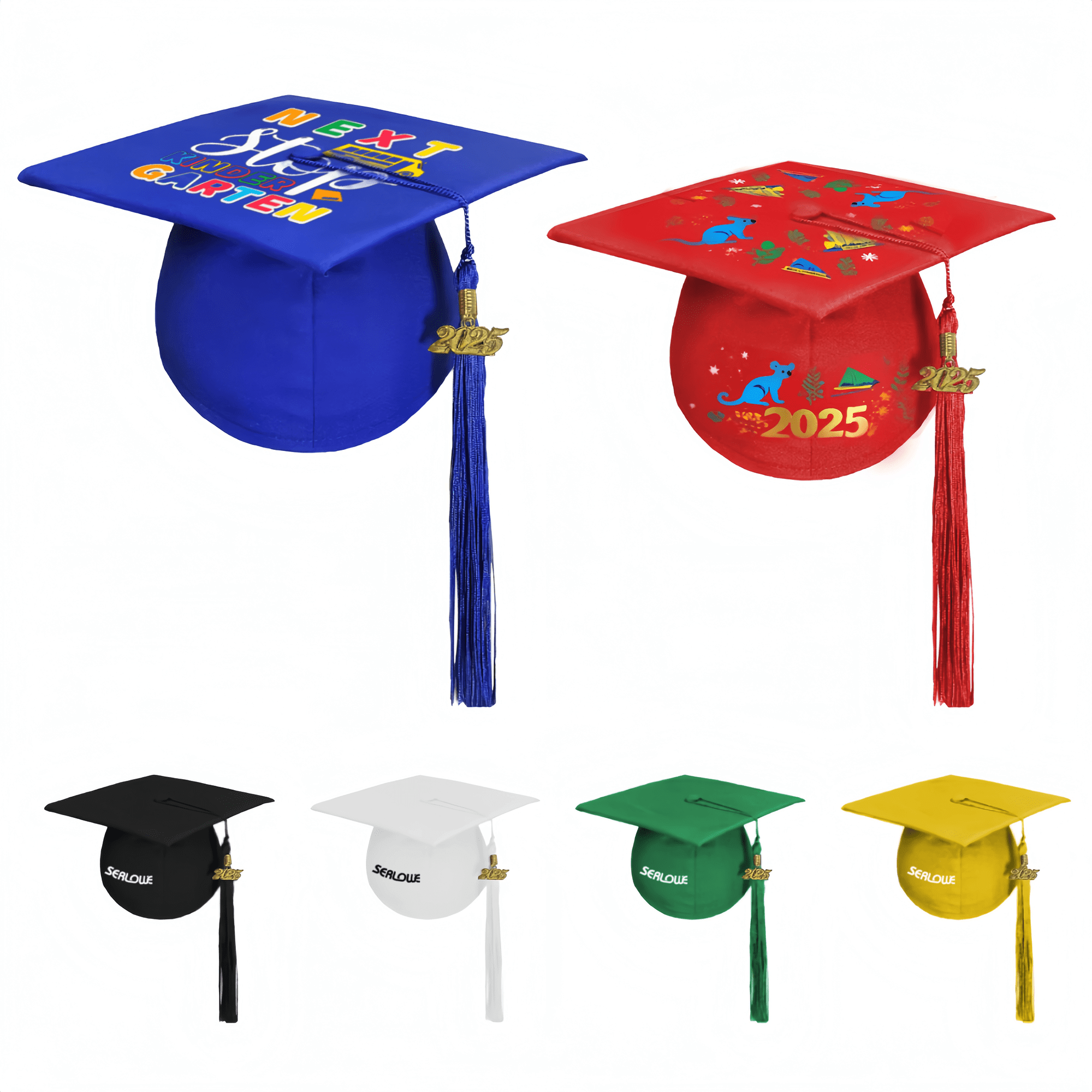 A collection of mortarboard graduation caps in blue, red, black, white, and green, each with a tassel and embellishments. Mortarboard Graduation Cap - Image 1