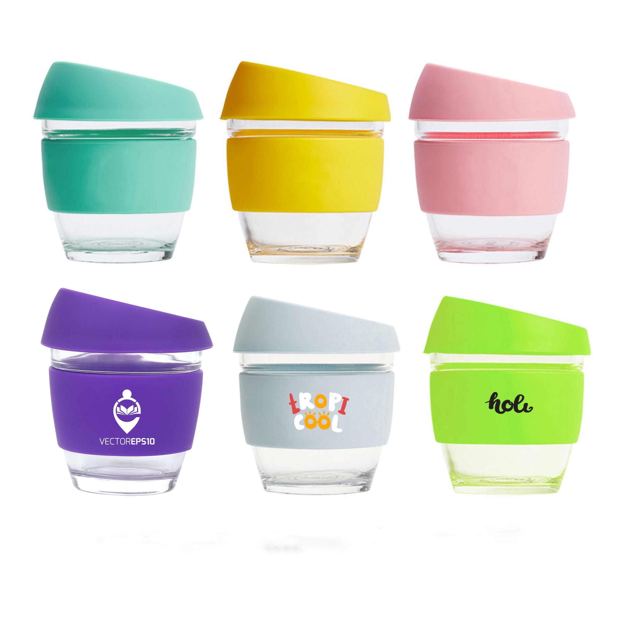 A collection of six reusable glass coffee cups in various colours: teal, yellow, pink, purple, grey, and white, each with a silicone lid. 8 OZ Reusable Glass Coffee Cup - Image 1