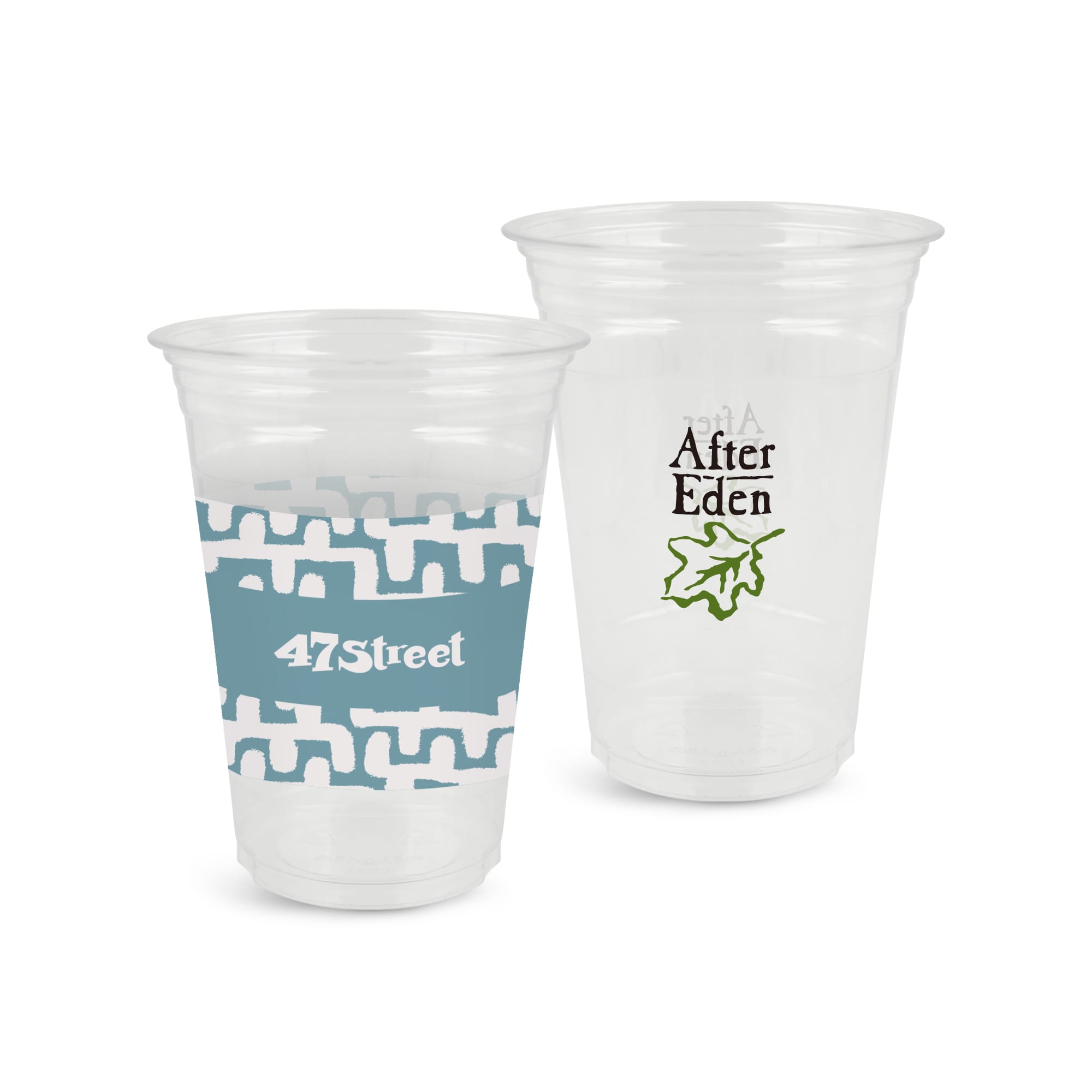 A clear plastic cup in two designs, featuring a logo and decorative patterns. Suitable for beverages. 473ml Clear Plastic Cup - Image 1