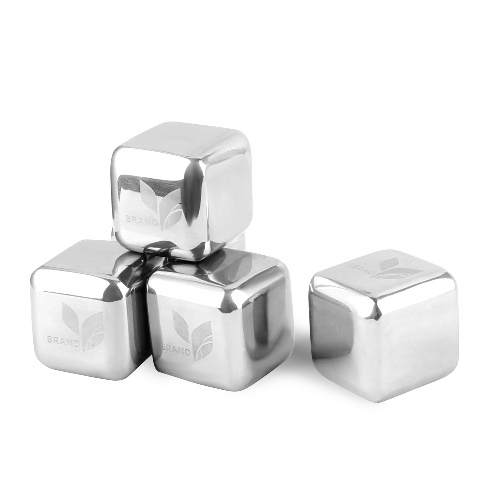 Four stainless steel ice cubes are stacked together, featuring a shiny silver finish and a brand logo. Stainless Steel Ice Cube - Image 1