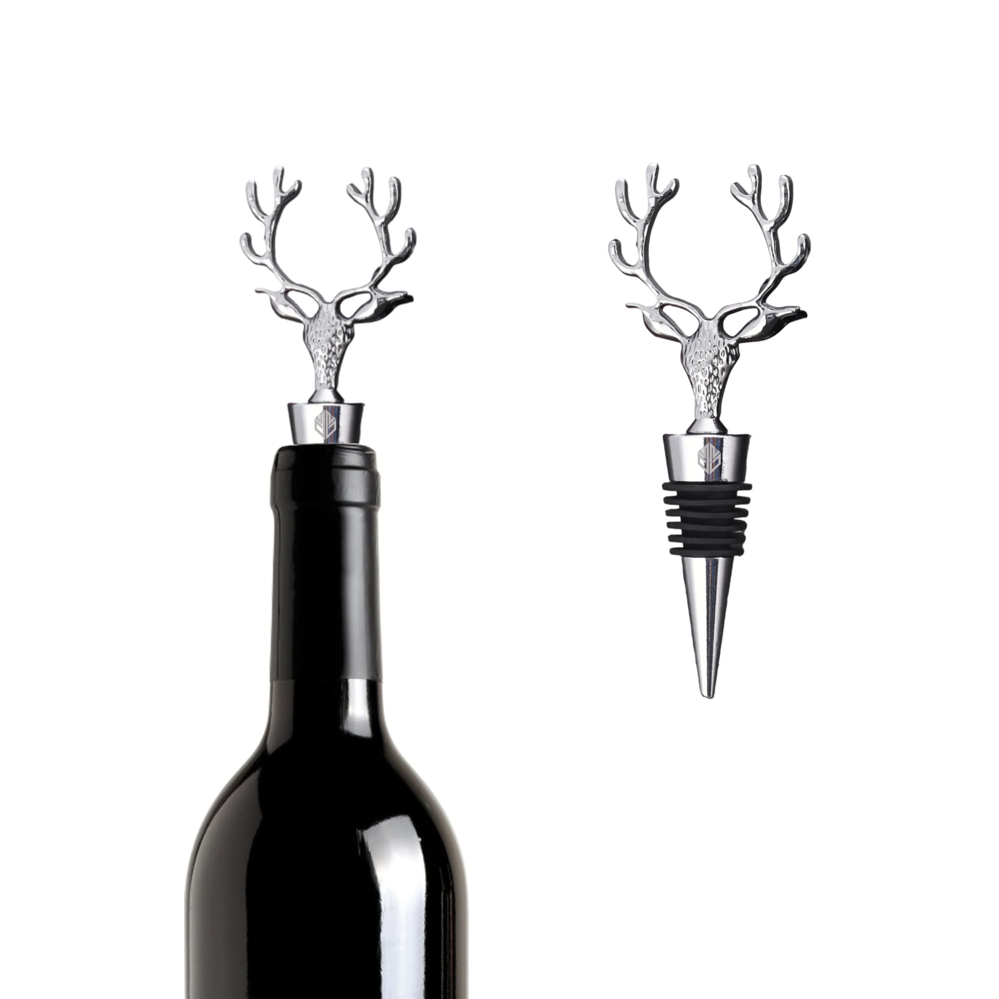 A drink bottle topped with a silver deer head wine stopper, featuring antlers and a rubber base for sealing. Deer Head Sealed Wine Stopper - Image 1