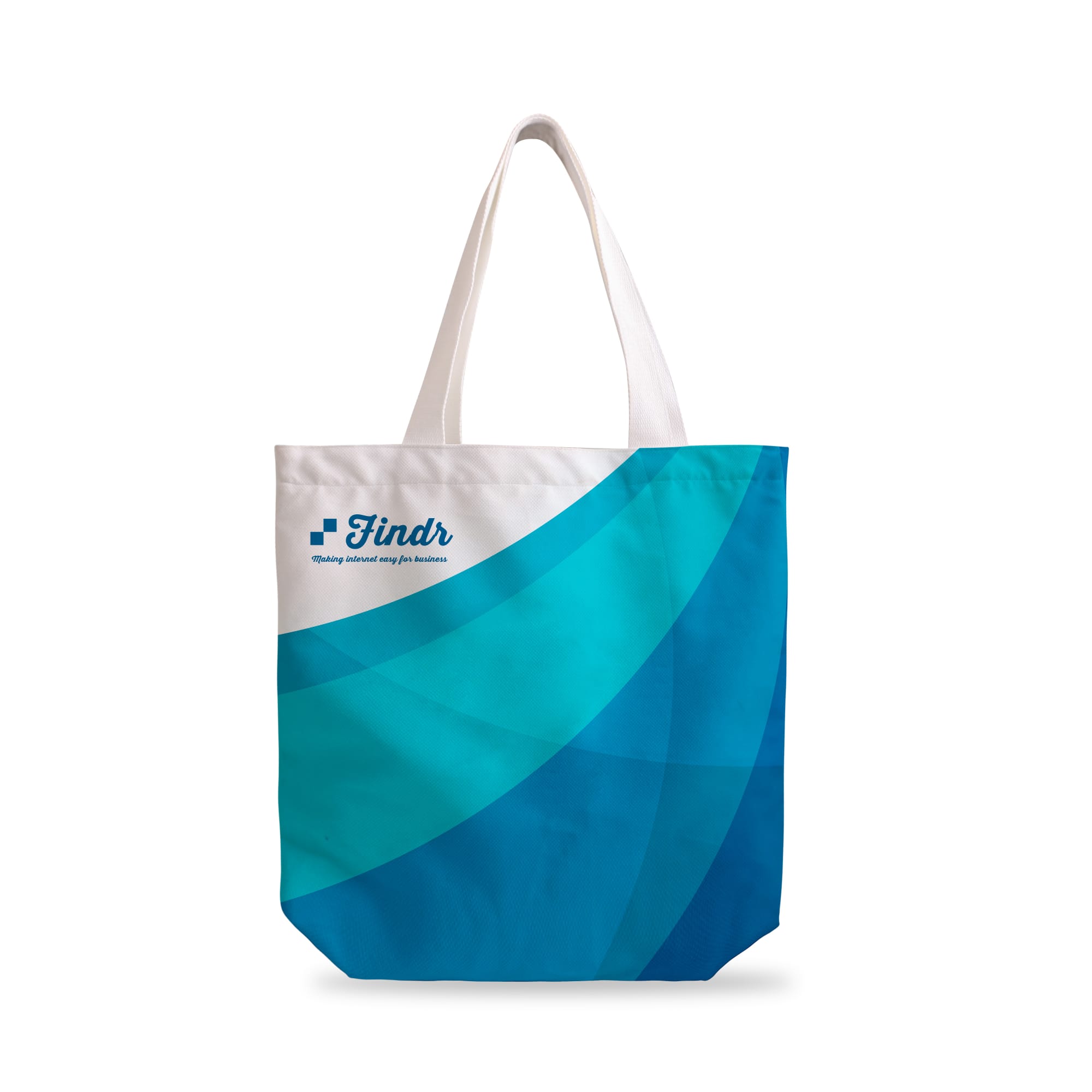 A velvet tote bag featuring a full-colour design in shades of blue with a logo. It has white handles. Velvet Tote Bag-Full colour both side - Image 1