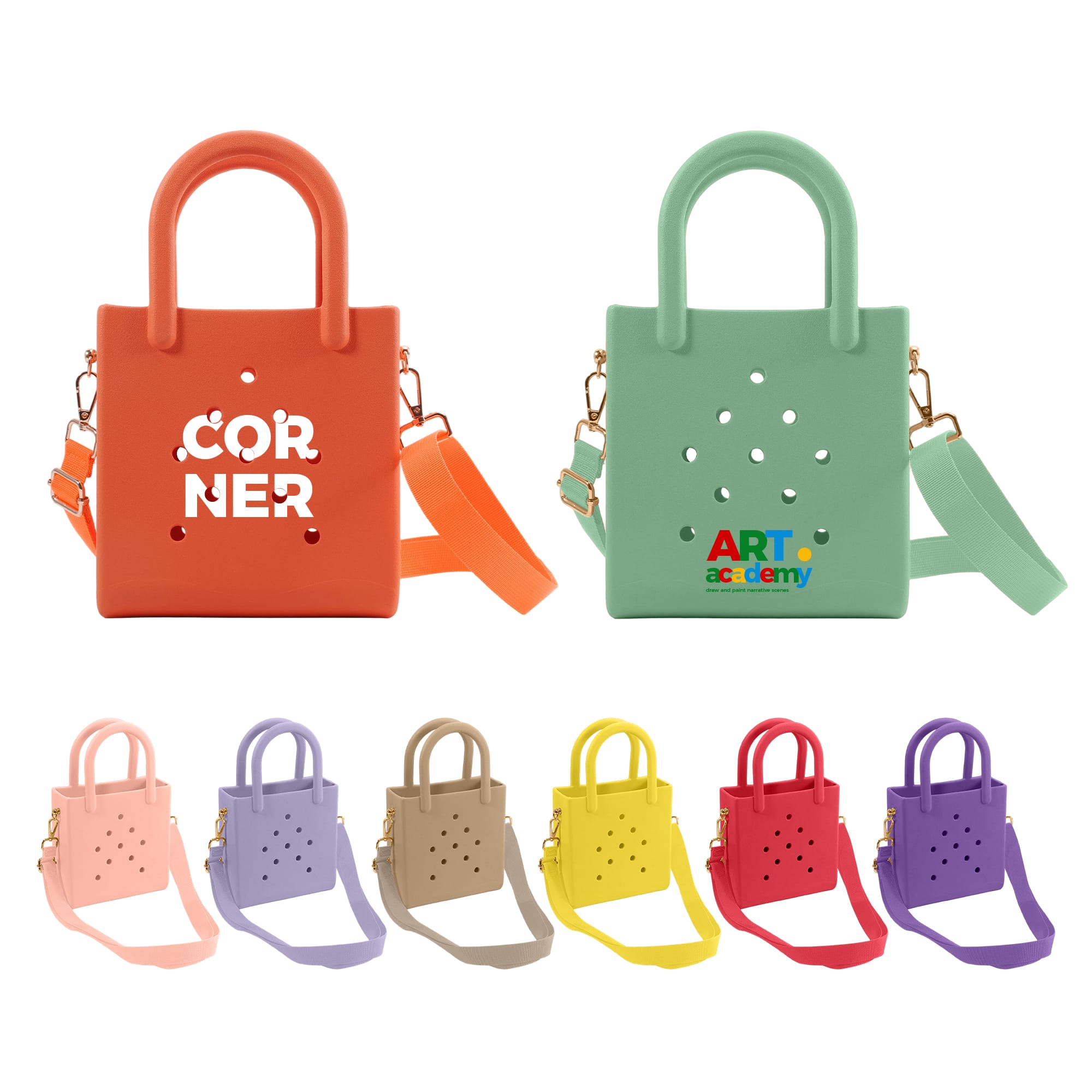 A mini beach bag in orange and green with holes, accompanied by several bags in pastel shades of pink, beige, yellow, and purple. EVA Holes Mini Beach Bag - Image 1