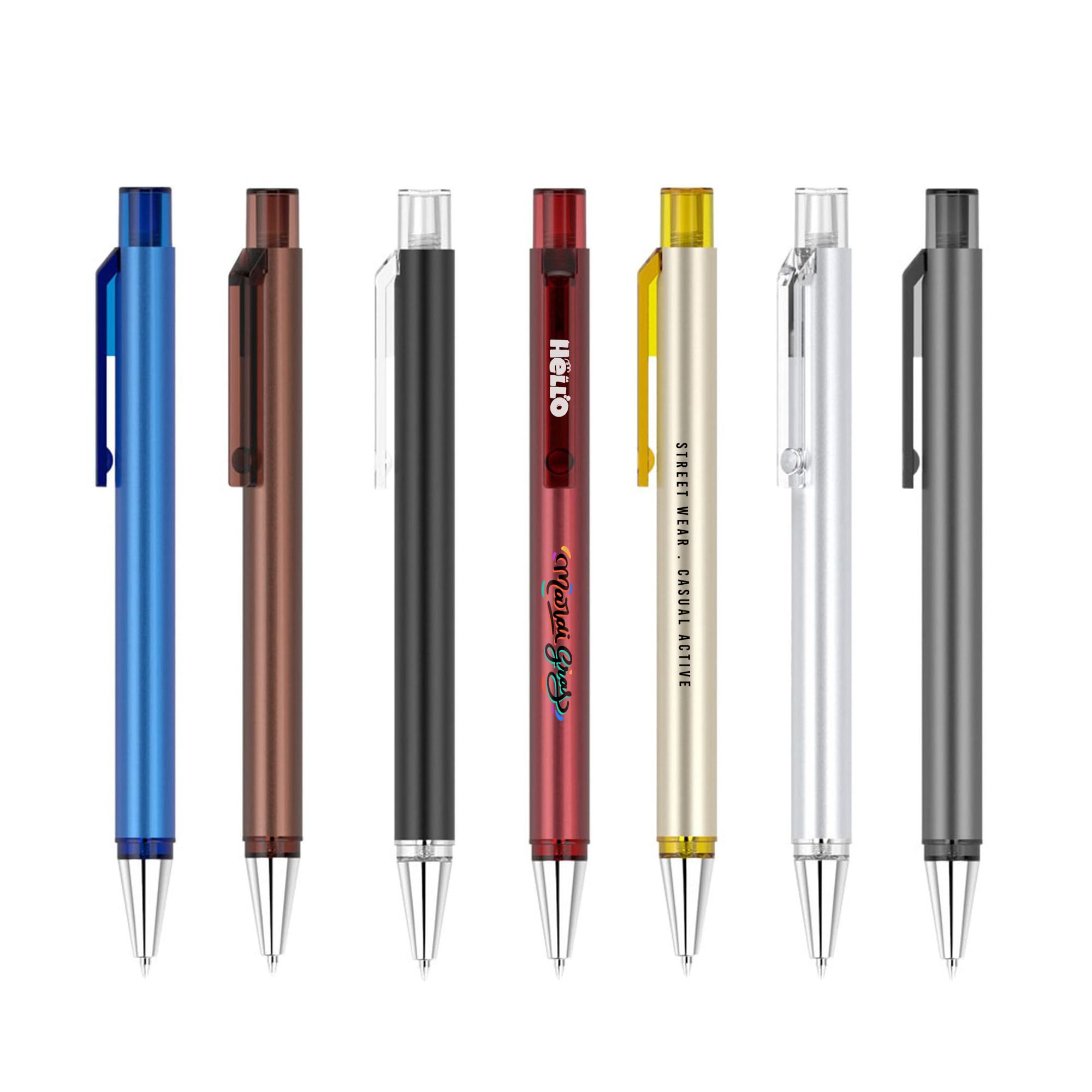 A collection of metal pens in blue, brown, red, gold, silver, and black, featuring various designs and a logo. Flat Pen - Image 1