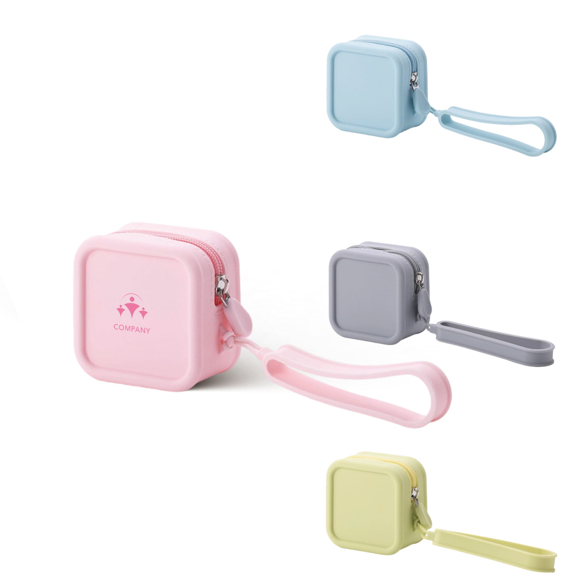 A square silicone coin pouch in pink, light blue, grey, and green, featuring a zipper and a loop for carrying. Square Silicone Coin Pouch - Image 1