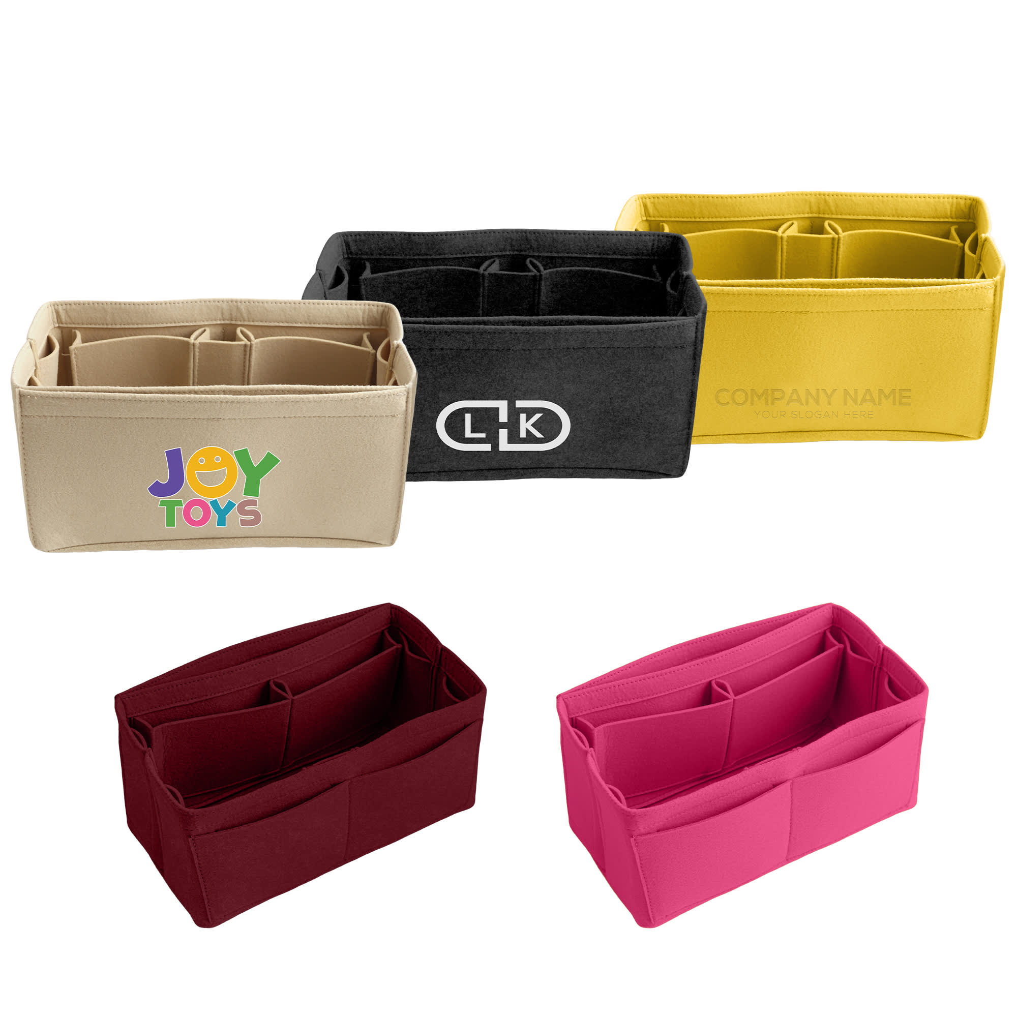 Five felt bag organisers in beige, black, yellow, burgundy, and pink, each with various pockets and a logo. Custom Insert Felt Bag Organizer - Image 1