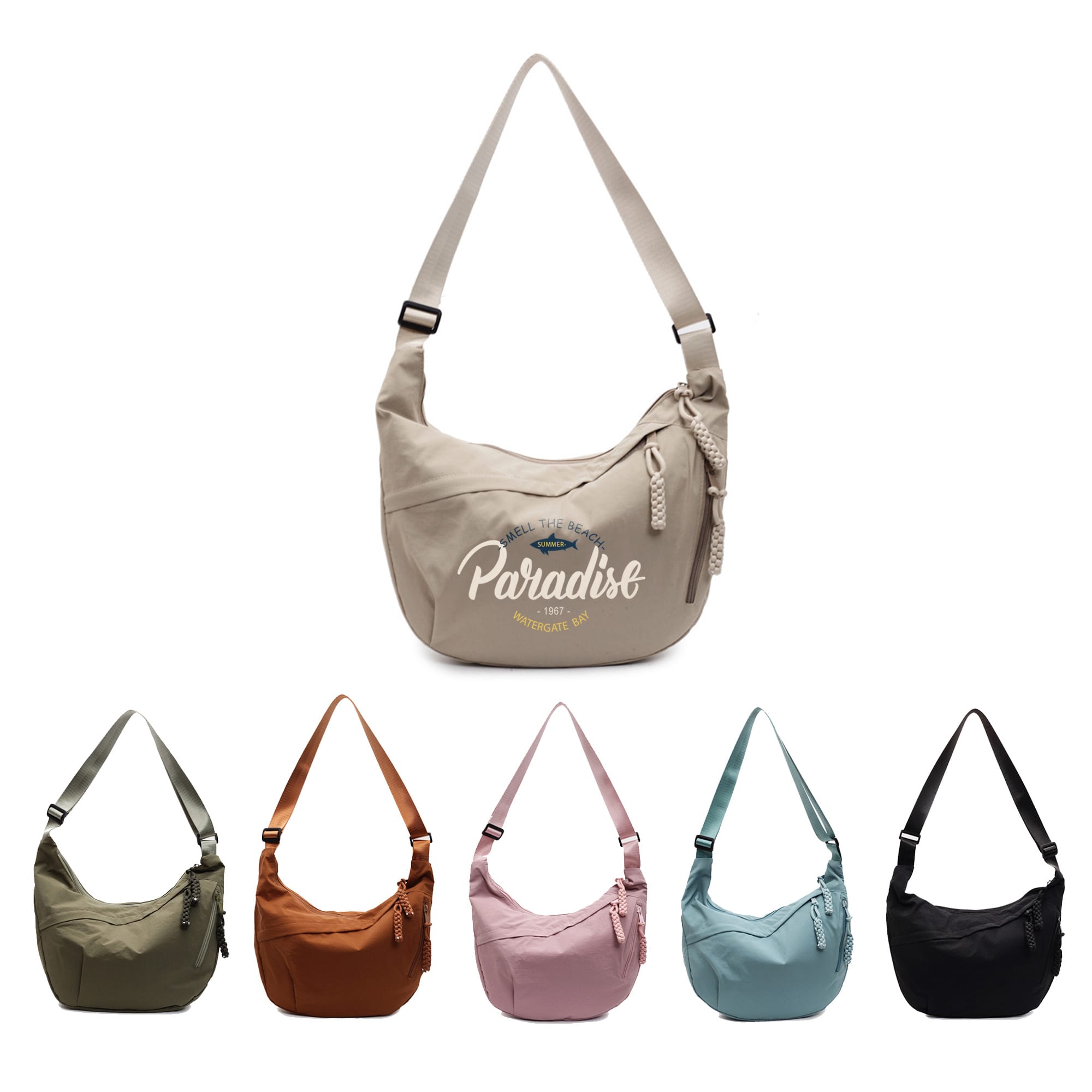 A collection of Dumpling Crossbody Bags in beige, olive green, brown, pink, light blue, and black, featuring a logo. Dumpling Crossbody Bag - Image 1