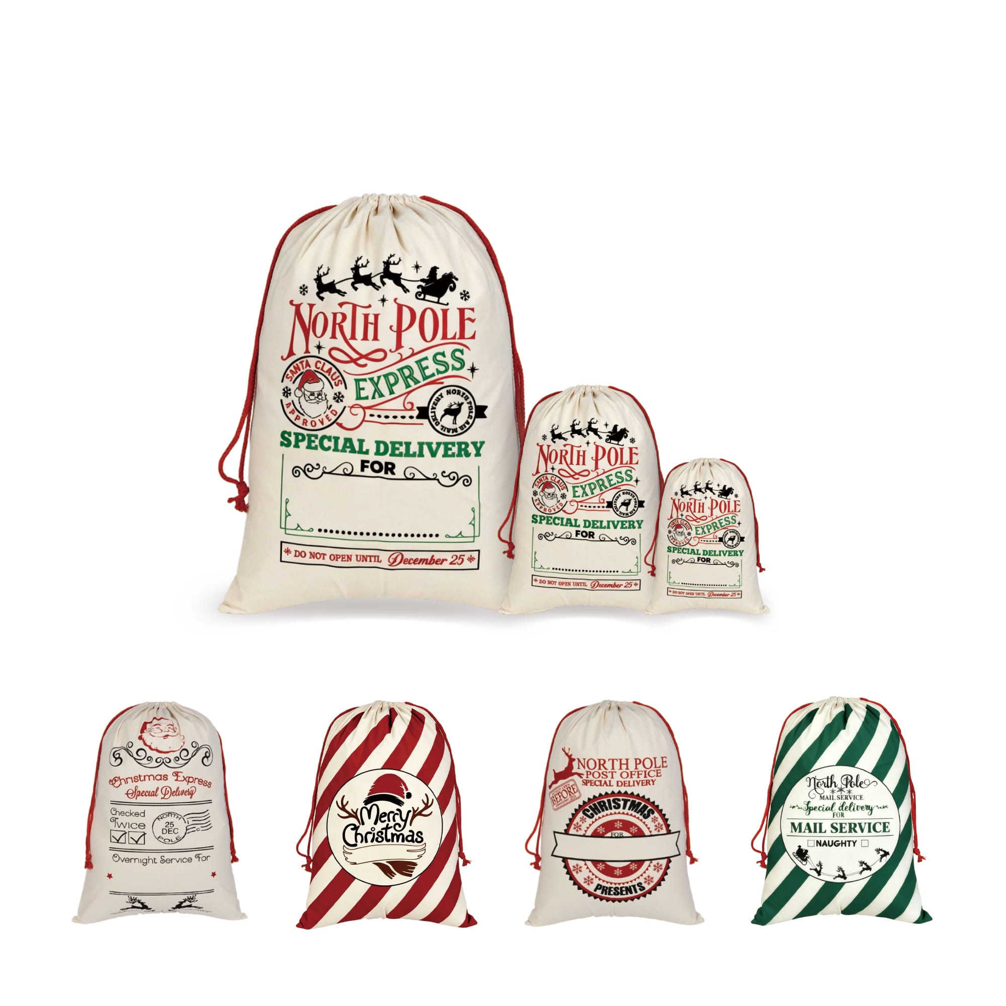 Flax linen drawstring bags in cream with red and green designs, featuring various holiday-themed graphics and logos. Flax Linen Drawstring Bags - Image 1