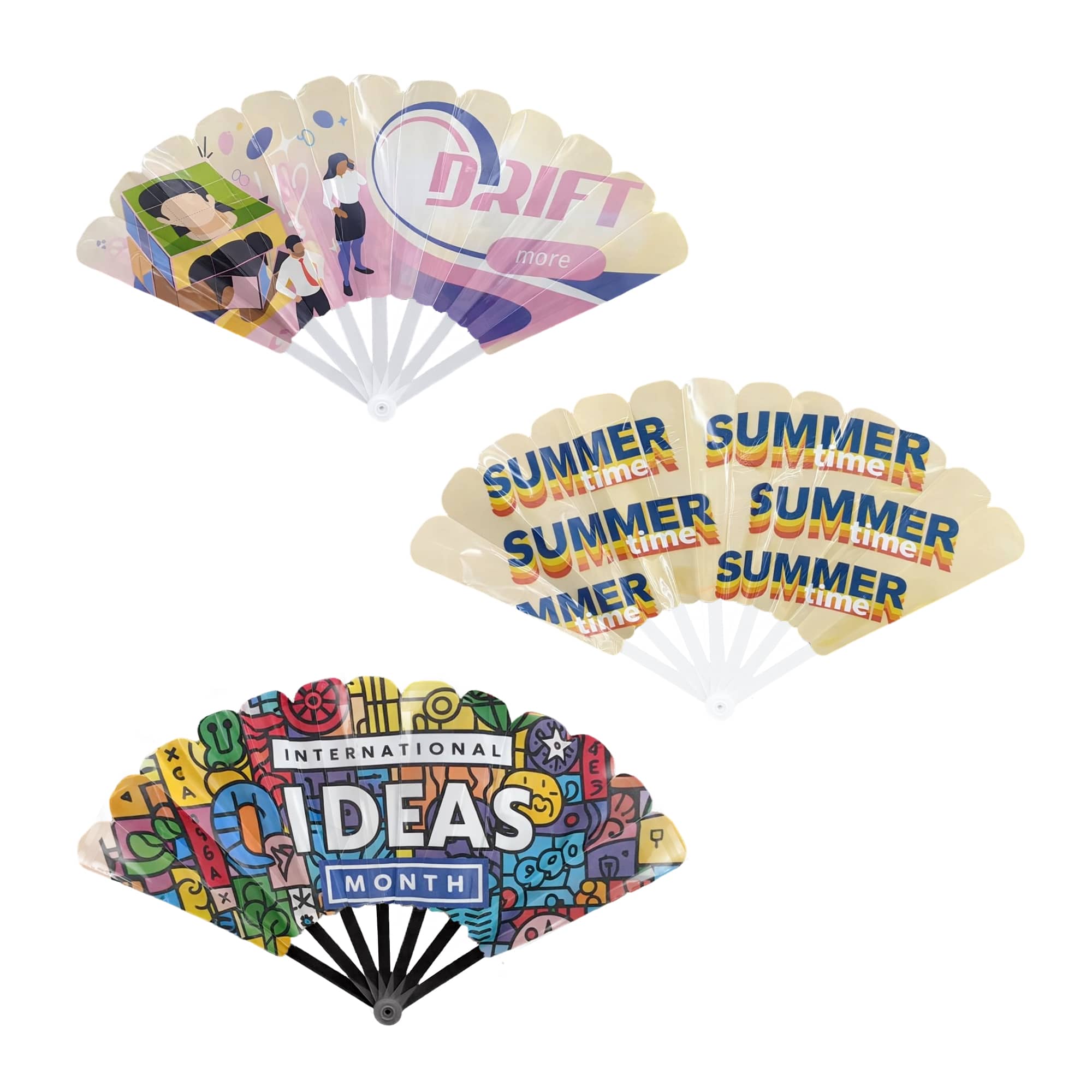 A collection of colourful plastic hand fans featuring various designs and a logo, including themes like summer and ideas month. Plastic Hand Fan B - Image 1