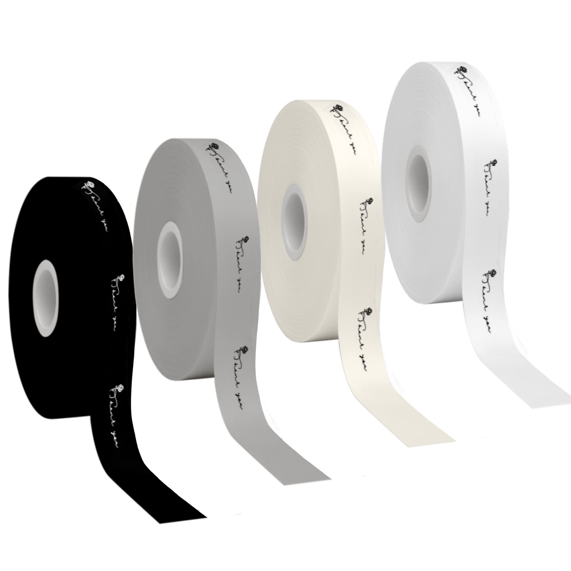 Four rolls of screen printed cotton ribbon in black, grey, white, and cream, featuring logos on each roll. 16mm Screen Printed Cotton Ribbon - Image 1