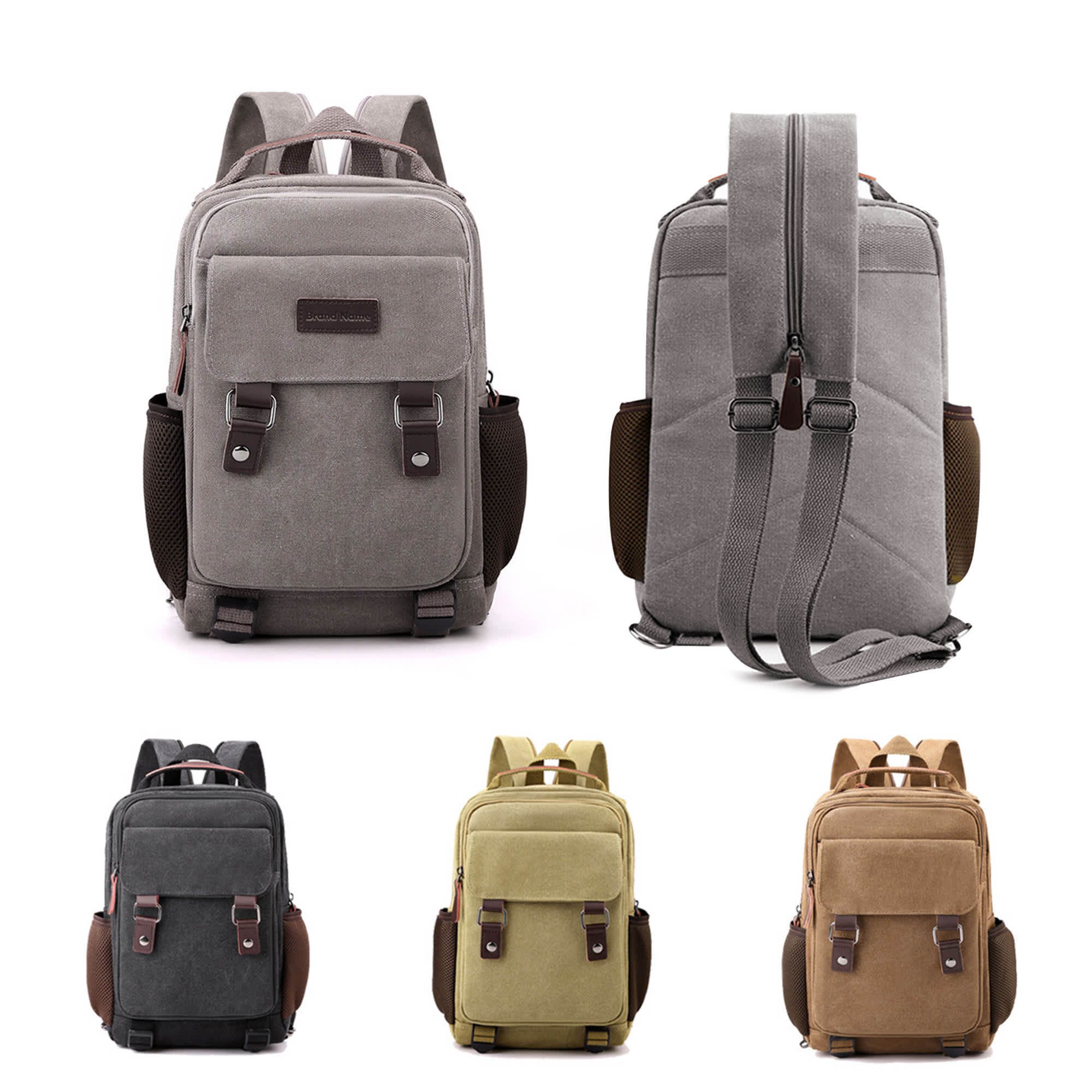 A collection of canvas sling backpacks in grey, black, olive, and brown, featuring a logo and adjustable straps. Canvas Sling Backpack Hybrid - Image 1