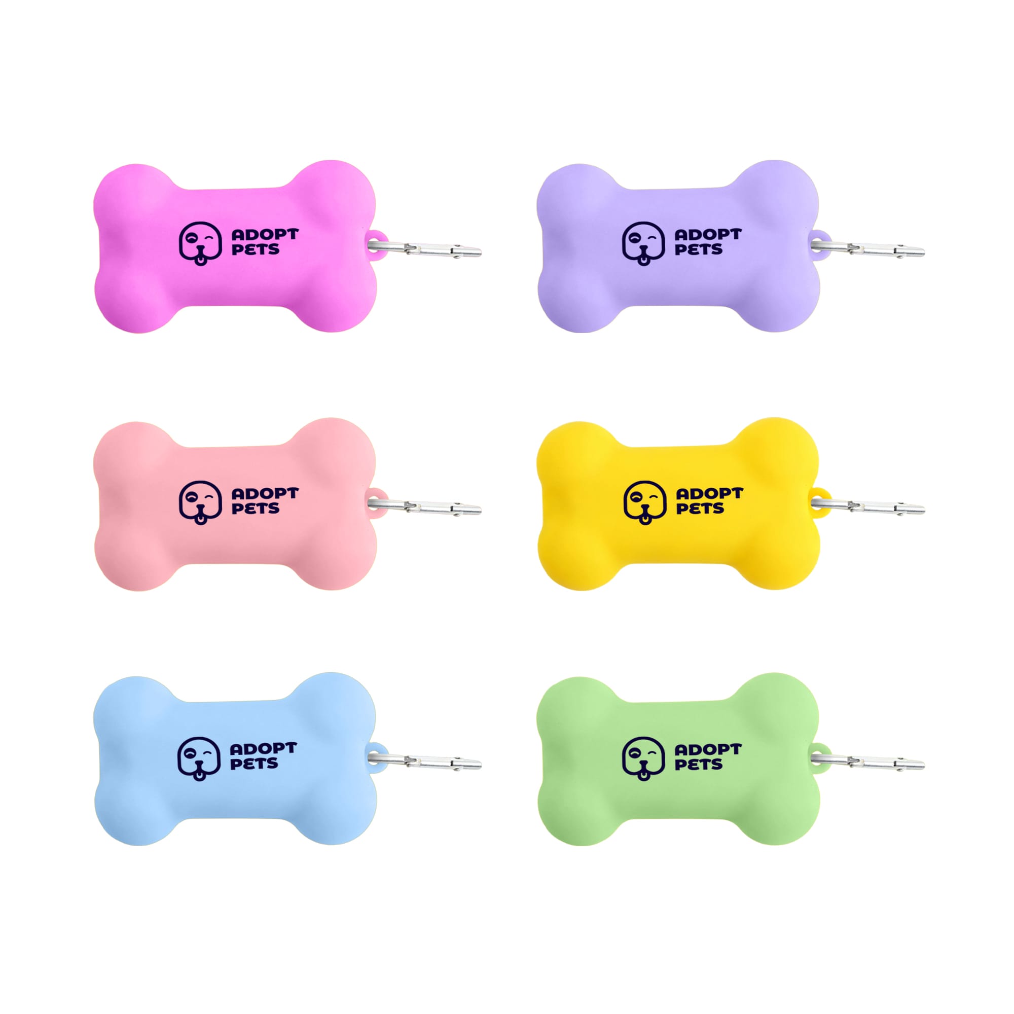 A collection of silicone bone-shaped dog poop bag dispensers in pink, purple, yellow, blue, and green, each with a logo. Silicone Bone Shape Dog Poop Bag Dispenser - Image 1