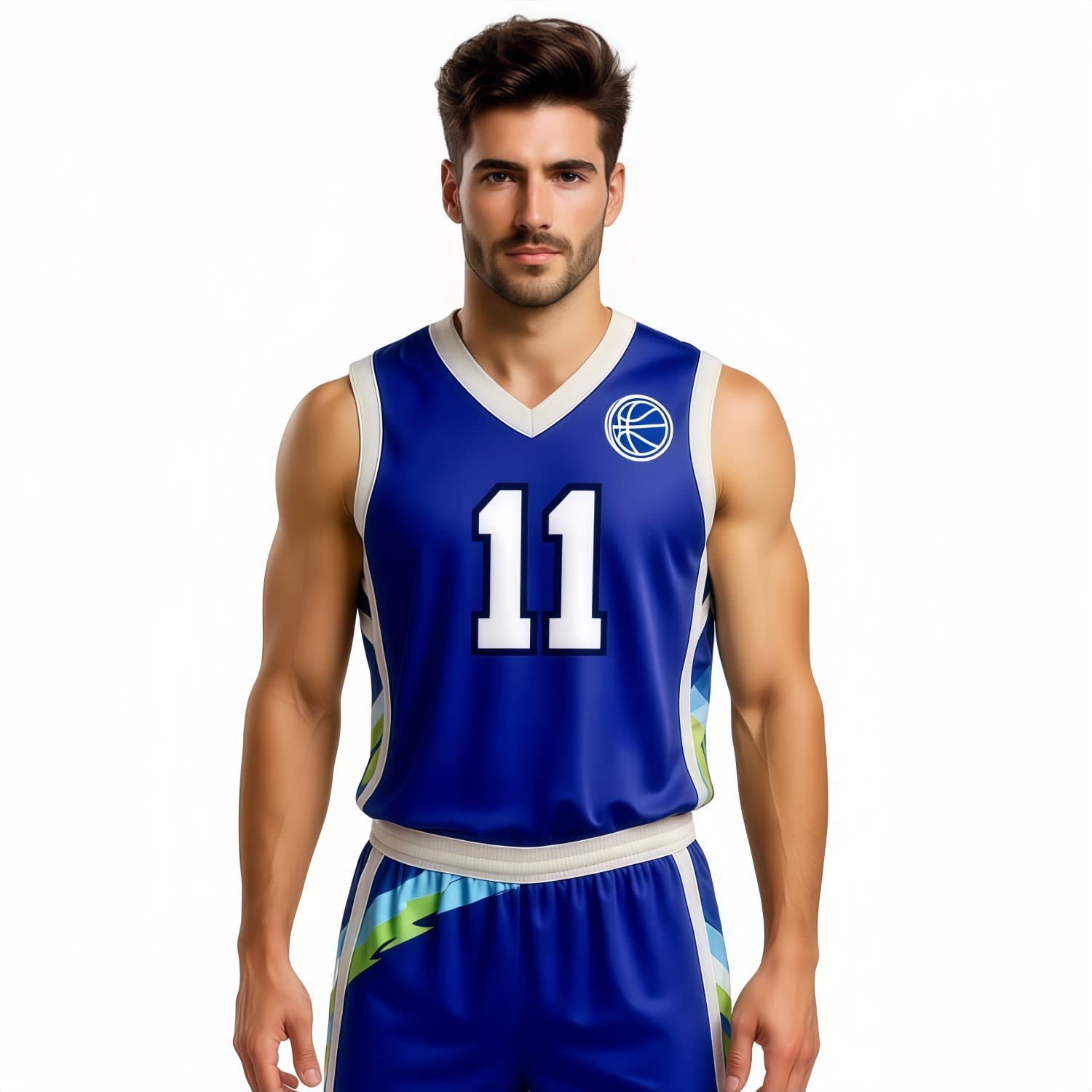 A sleeveless sport jersey in blue featuring a logo and the number 11, made of breathable polyester. 100% Polyester Sublimated Breathable V-Neck Sleeveless Sport Jersey - Image 1