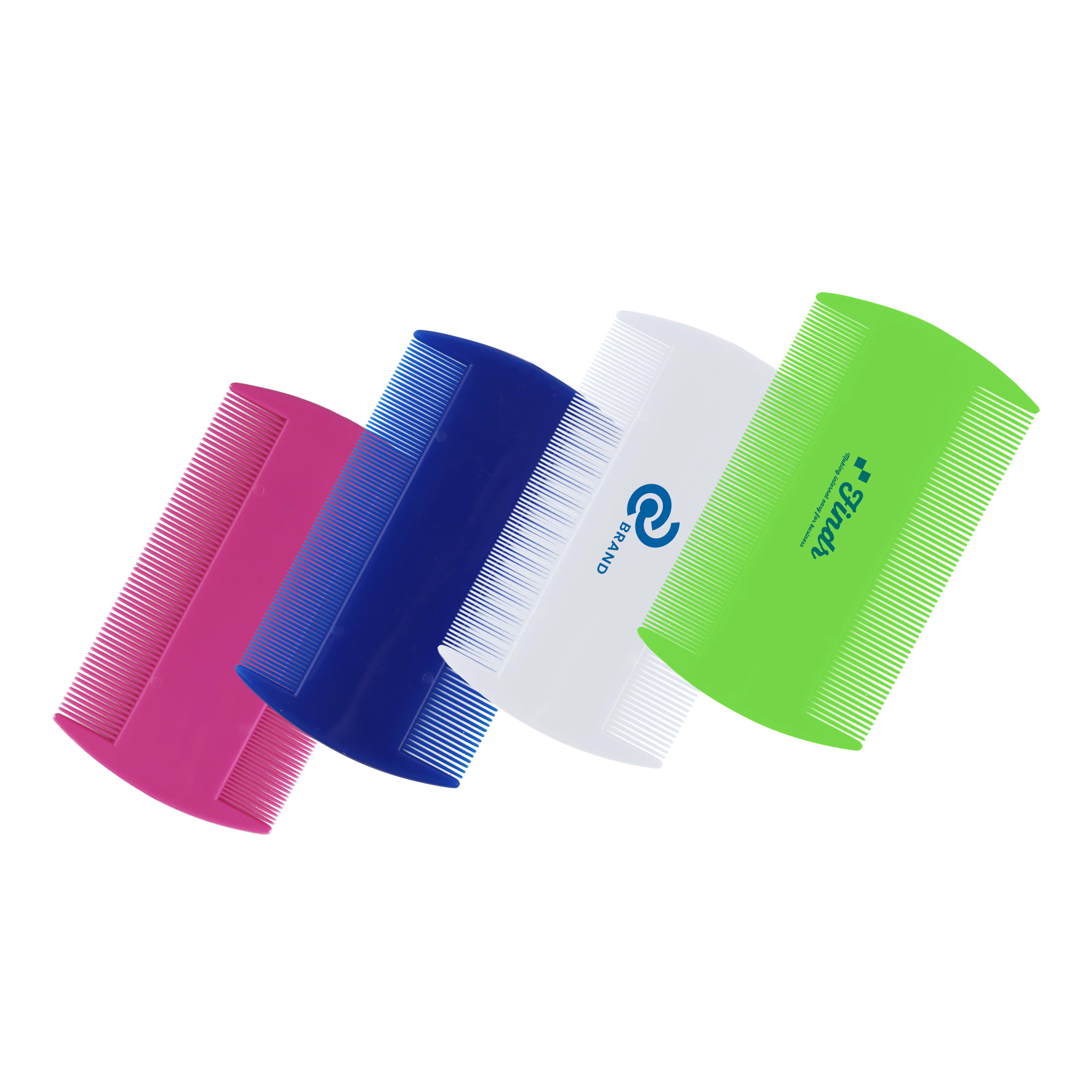A set of four pet flea combs in pink, blue, white, and green, featuring various branding logos. Pet Flea Comb - Image 1