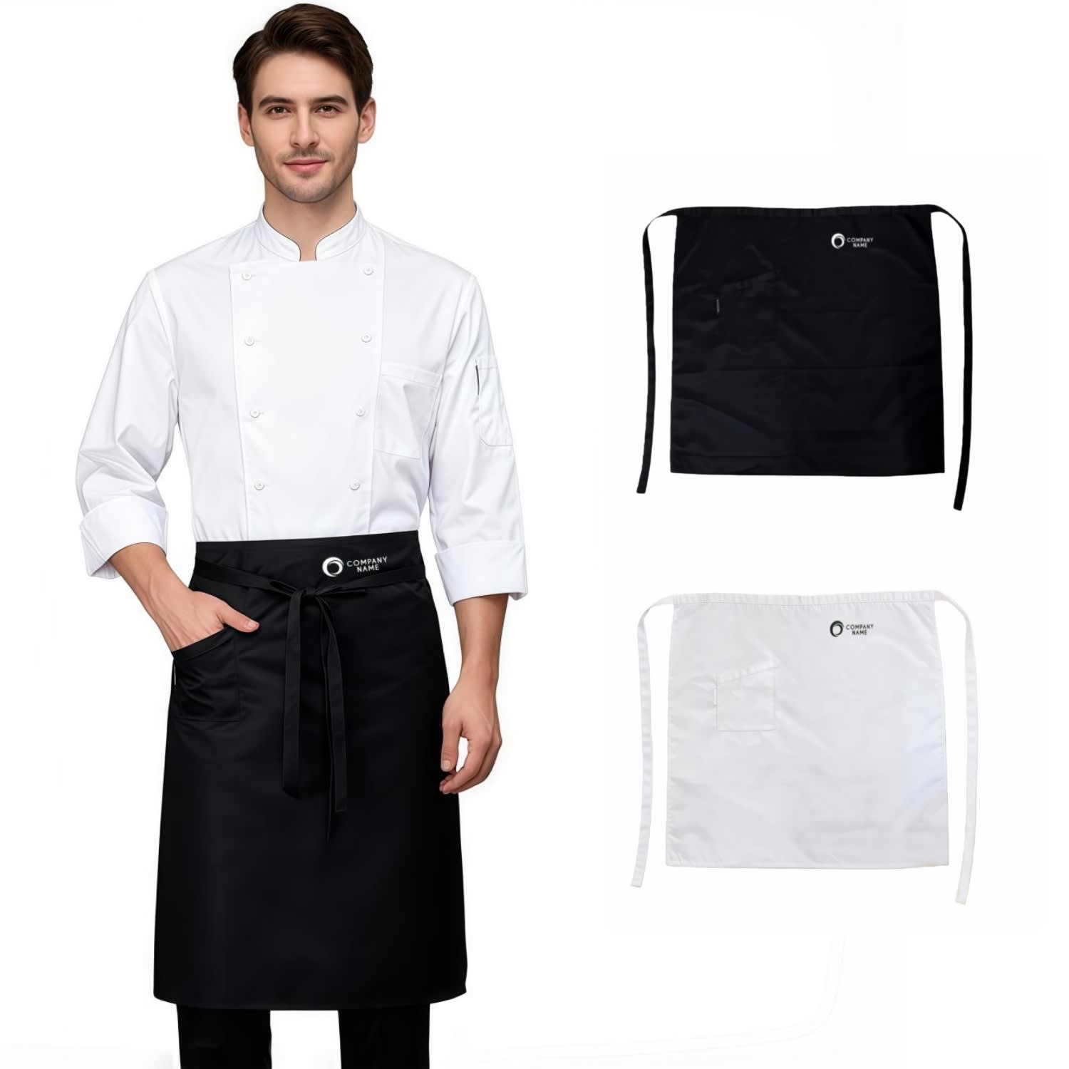 A half apron in black and white with a pocket, worn by a chef, featuring a logo. 100% Polyester Half Apron With Pocket - Image 1