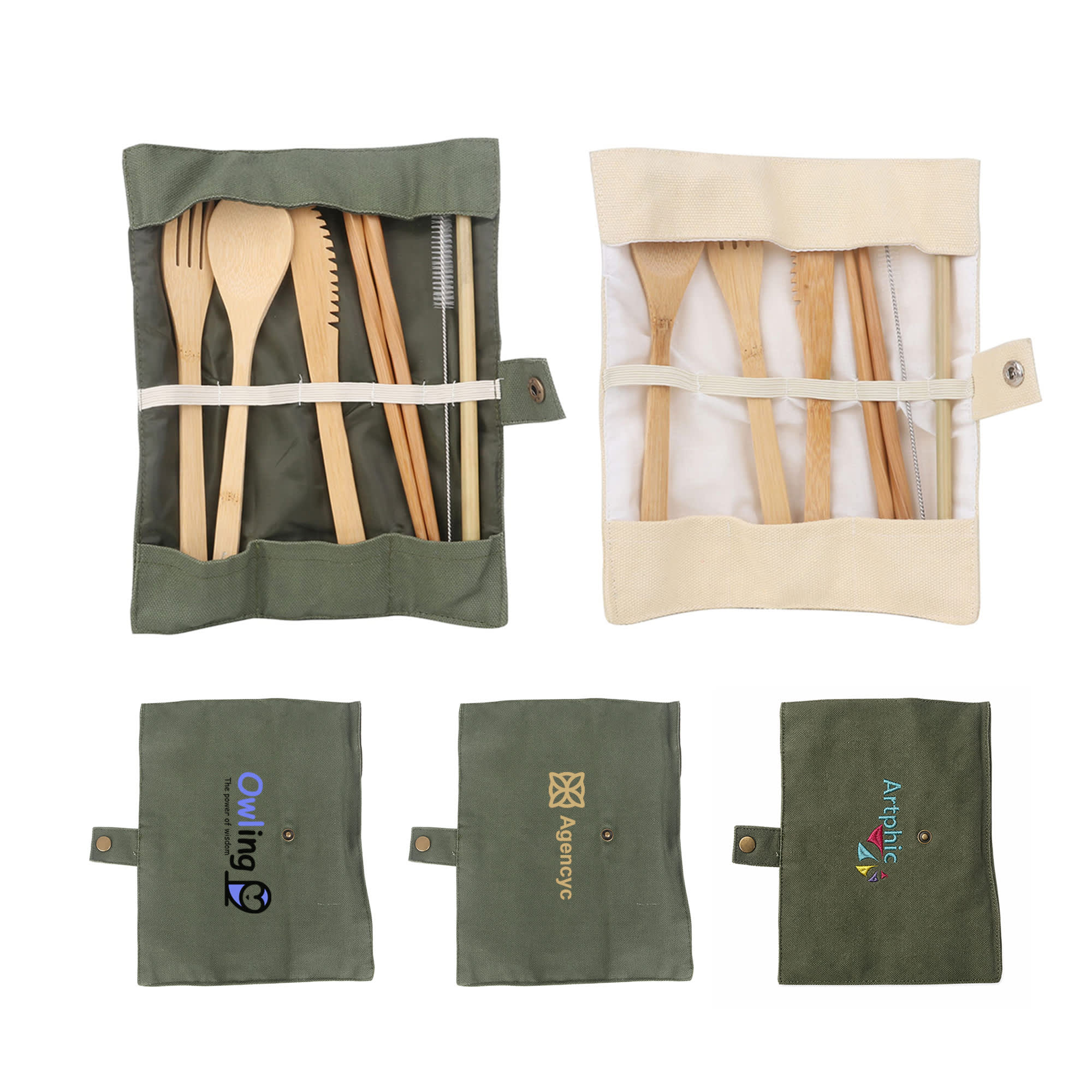 A bamboo cutlery set featuring six pieces, including forks and knives, housed in a green fabric roll. It has a logo. 6 pieces Bamboo Cutlery Set - Image 1