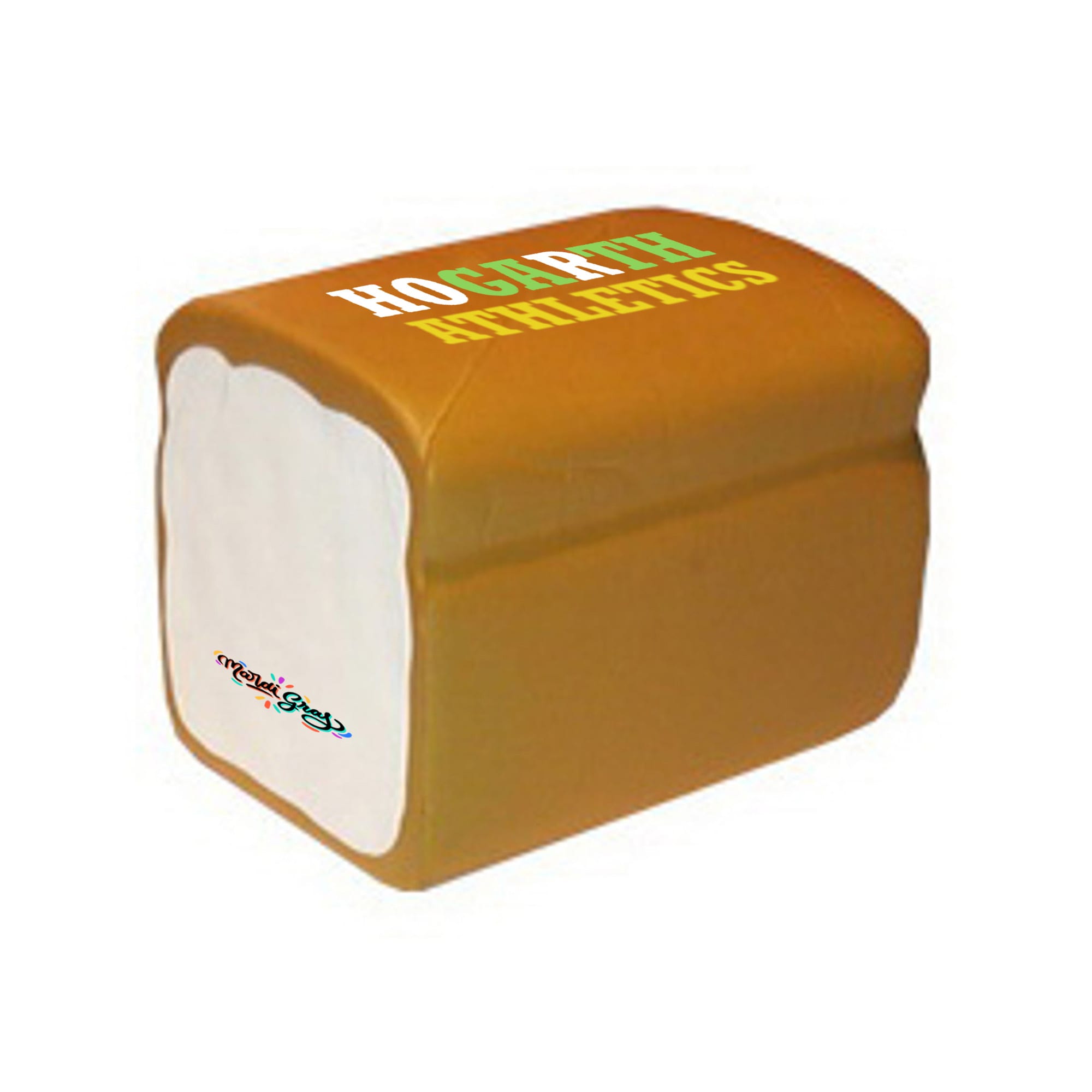 A brown and white toast-shaped stress reliever with a logo on one side. Toast Shape Stress Reliever - Image 1