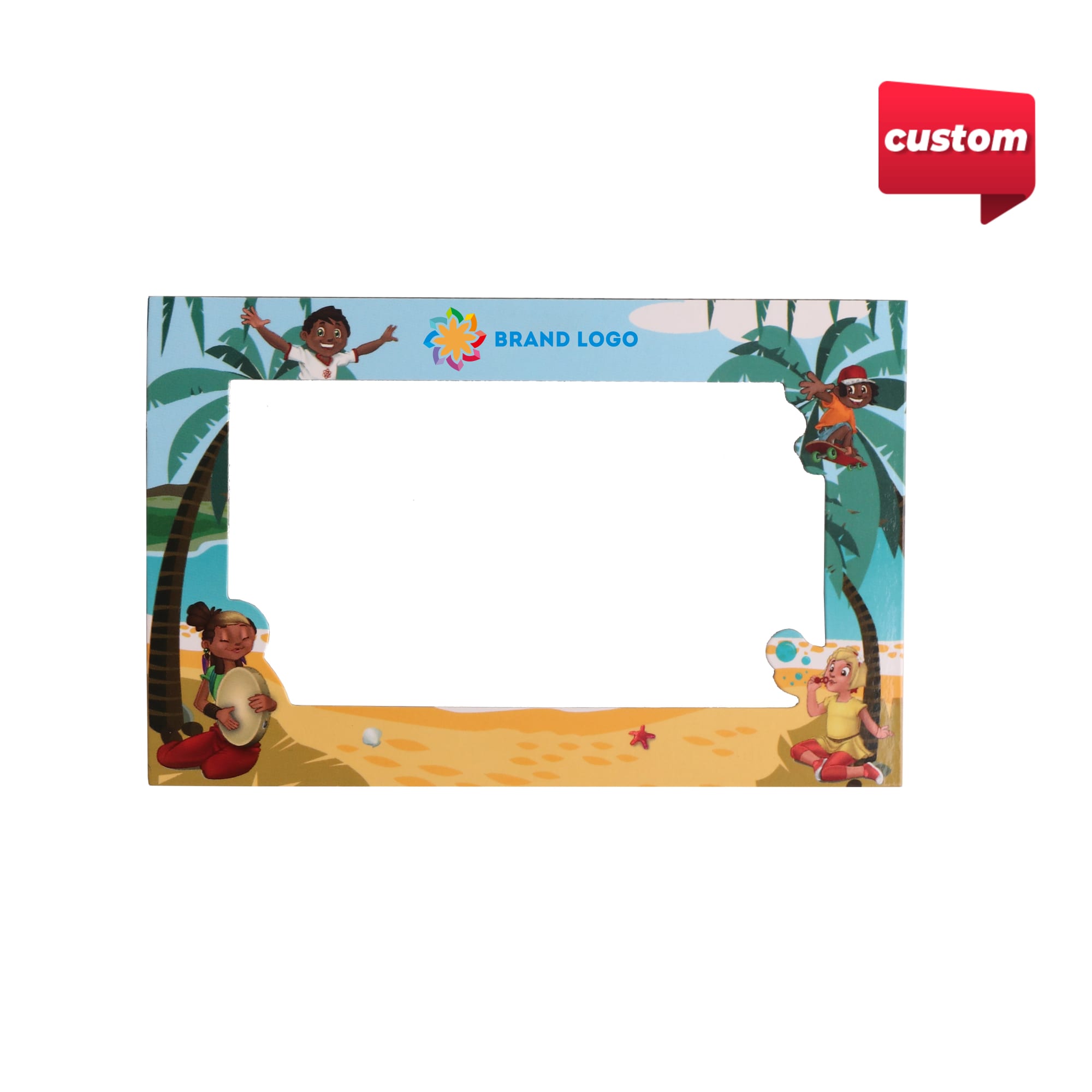A custom-shaped fridge magnet featuring a beach scene with palm trees and playful characters, in vibrant colours. Custom Shaped Soft Magnetic Fridge Magnet - Image 1