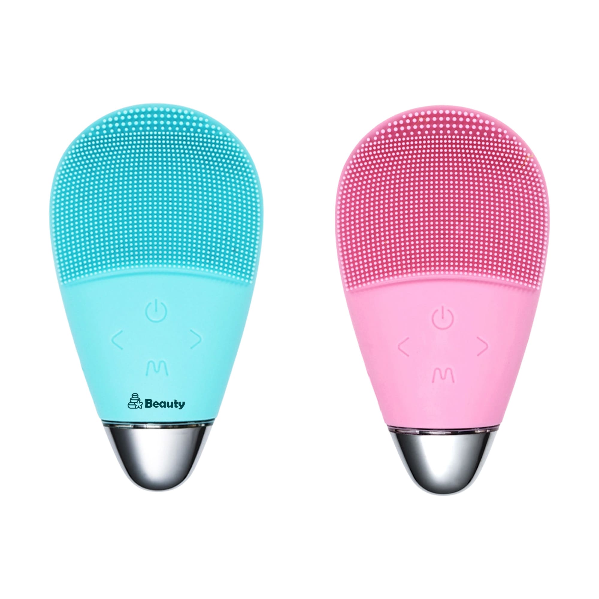A silicone facial cleansing brush in turquoise and pink, featuring a silver base and buttons for operation. Silicone Facial Cleansing Brush - Image 1