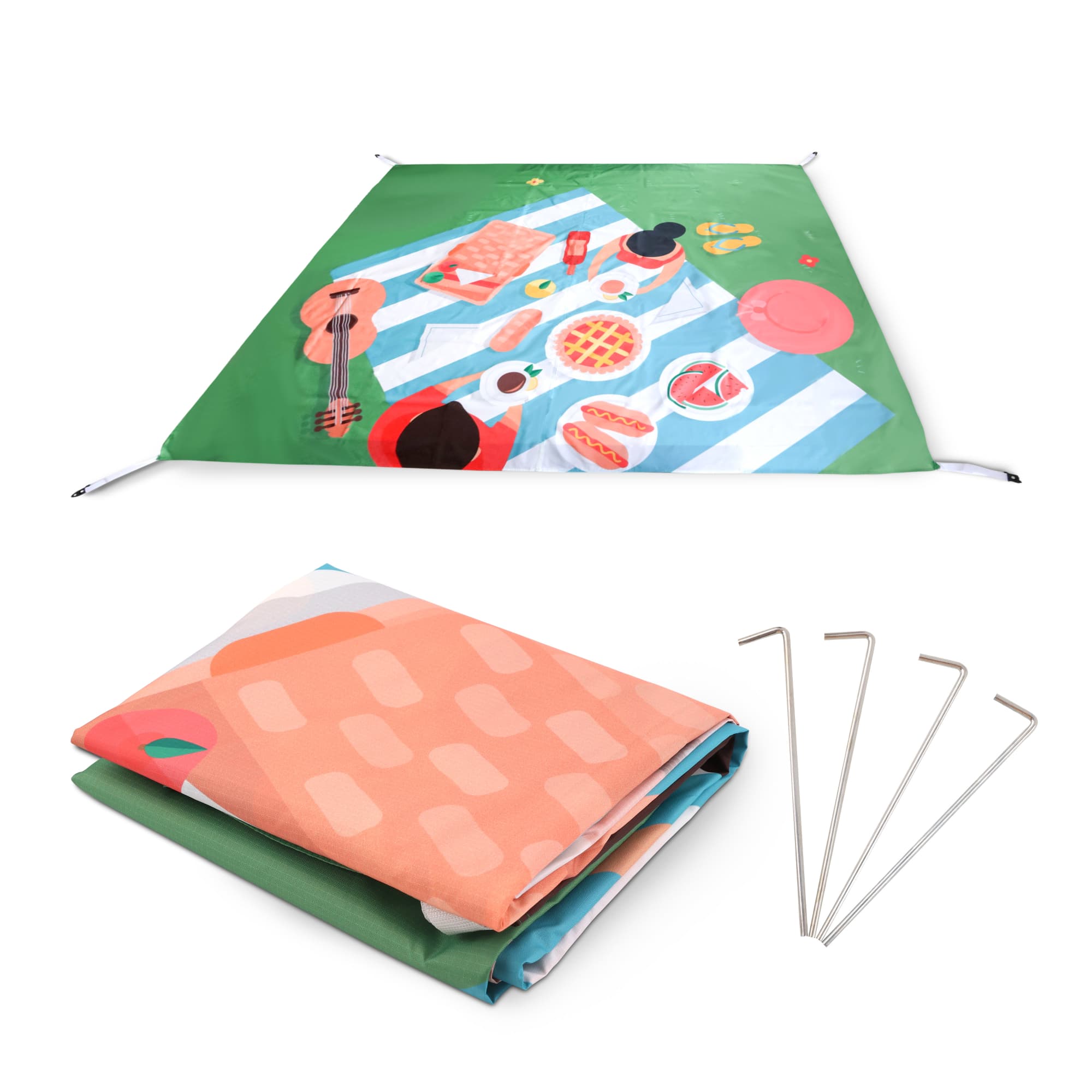An outdoor blanket in green, featuring a picnic design, folded with pegs beside it. The size is 190x190cm. Outdoor Blanket Square 190x190cm - Image 1