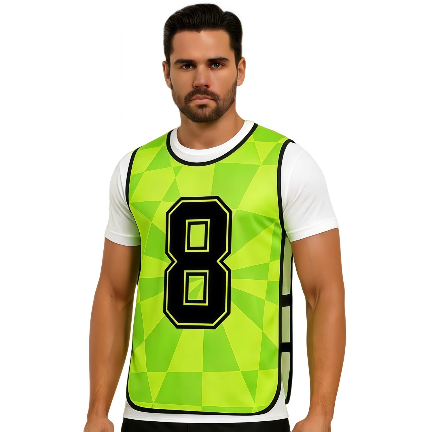 A green training bib featuring a large black number 8, worn over a white shirt. It has a logo on the front. 100% Polyester Mercerized Sublimated Training Bib With Strap - Image 1