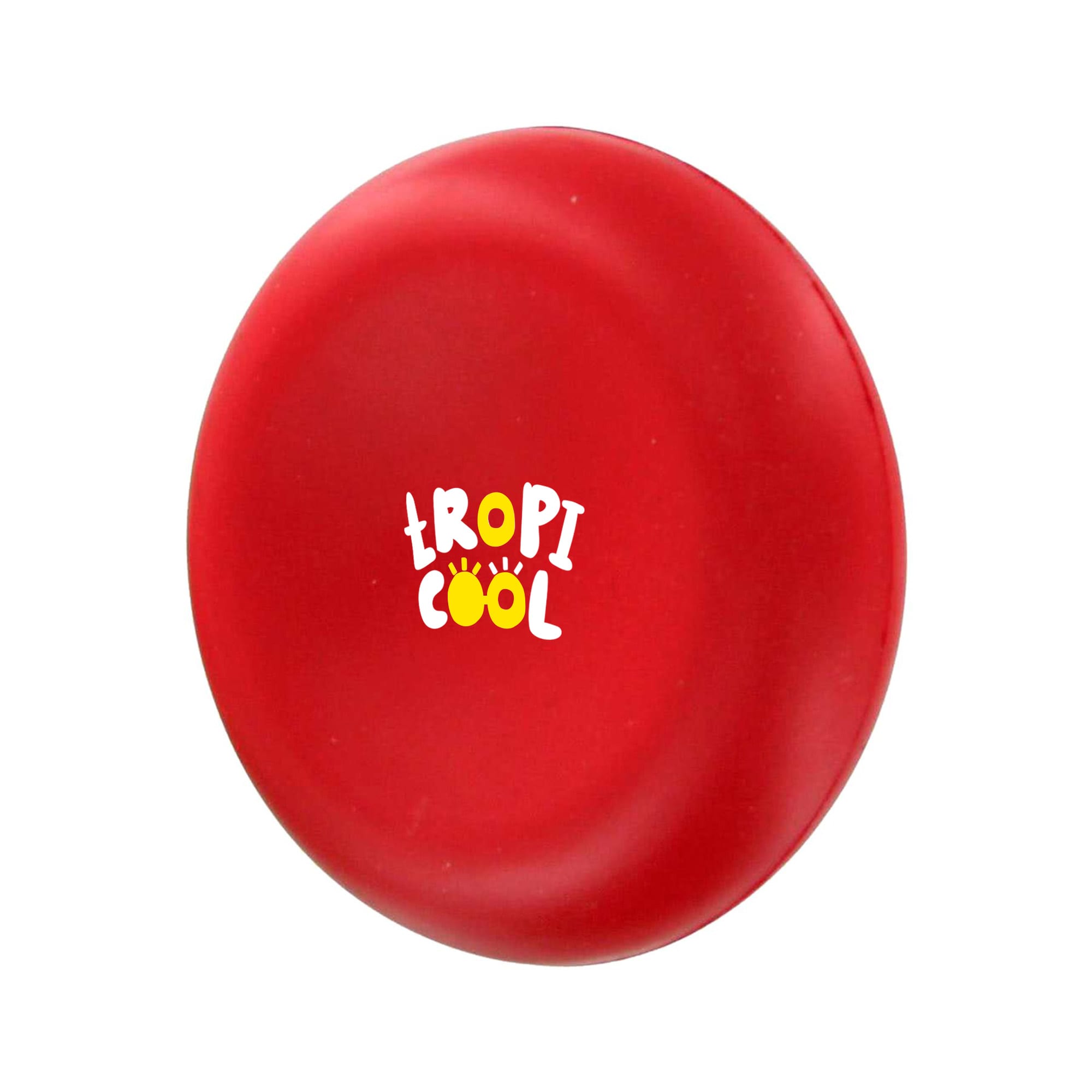 A red stress reliever in a circular shape with a logo on the front. It's designed for playful stress relief. Red Cell Shape Stress Reliever - Image 1