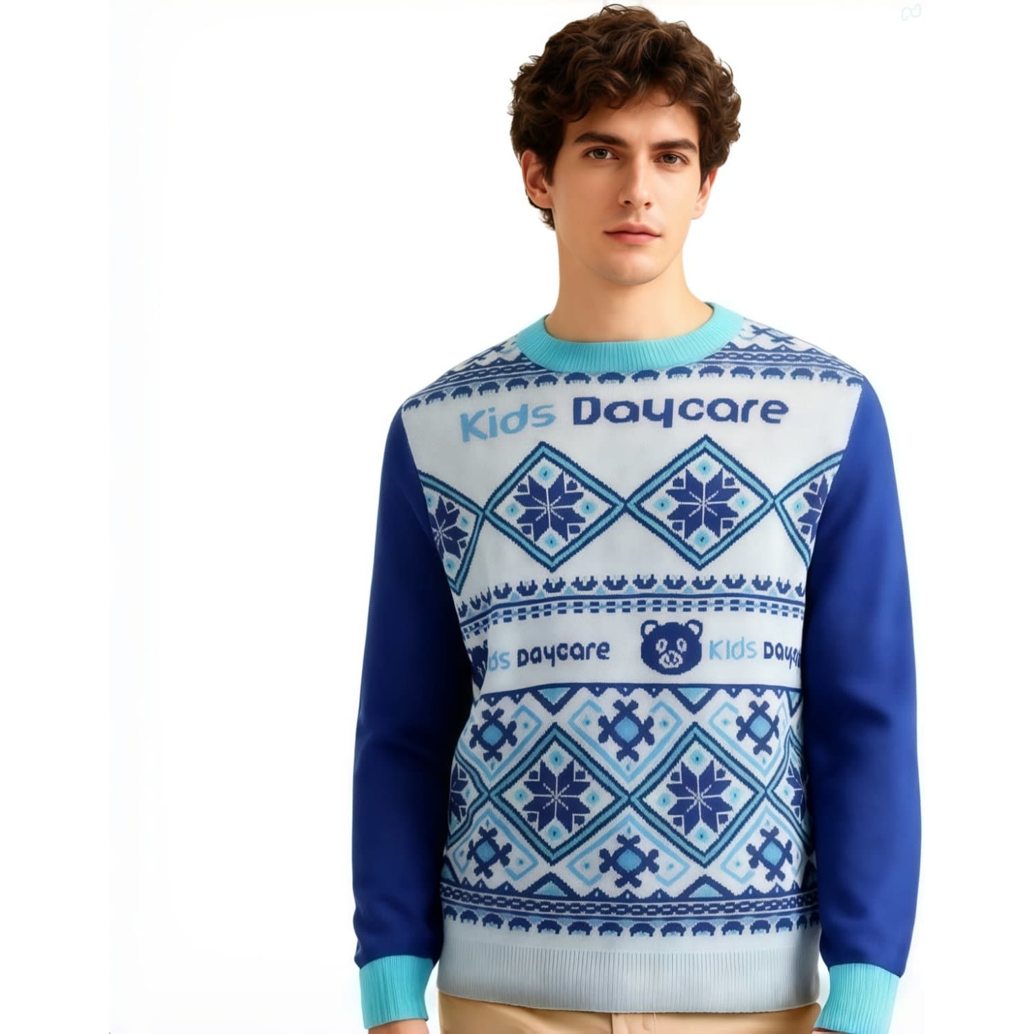 A unisex sweater in blue and light blue with a festive jacquard pattern and a logo. Unisex Acrylic Cotton Jacquard Sweater - Image 1