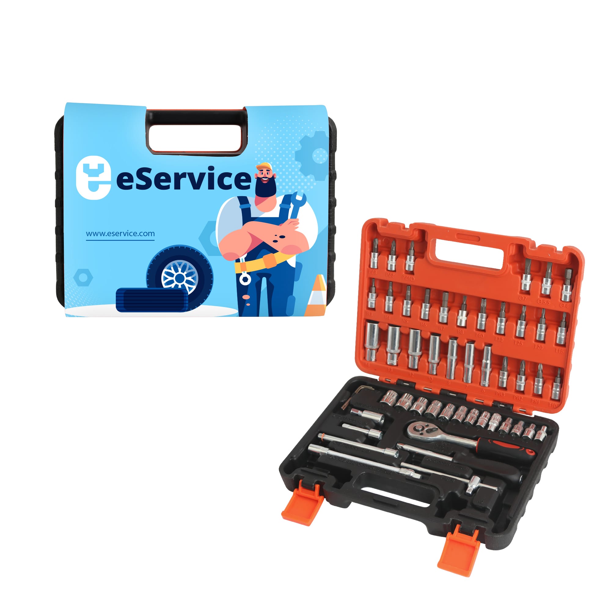 A mechanic socket set in a black and orange case with various sizes of sockets and a tool, packaged in a branded box. Mechanic Socket Set - Image 1